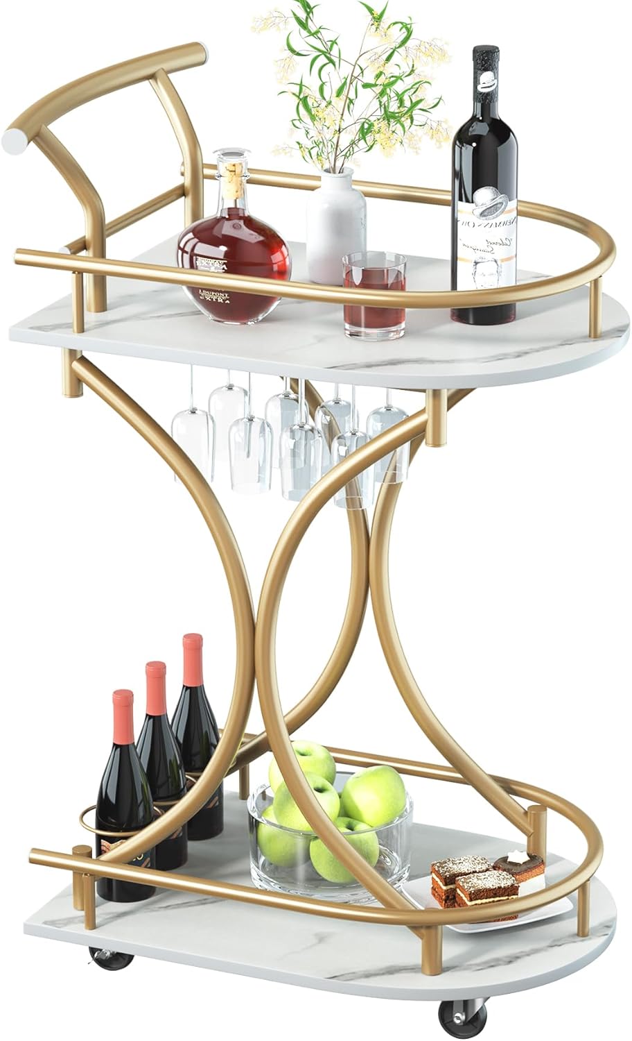 Maiproo Bar Cart with Wheels Handle Rolling Home Bar Serving Carts 2 Tier Curved Anti-Collision Storage Small Trolley with Wine Rack and Glass Holder for Kitchen Dining Room Living Room Gold