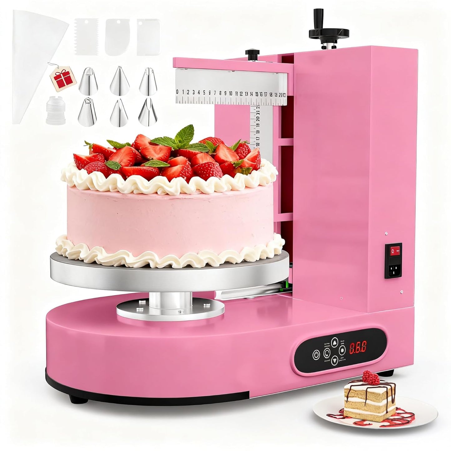 PYY Cake Decorating Machine - 4-12 Inch Automatic Cake Cream Spreading Machine for Cake Icing Machine 60-320 RPM with Graduated Scrapers Electric Cake Frosting Machine Pink