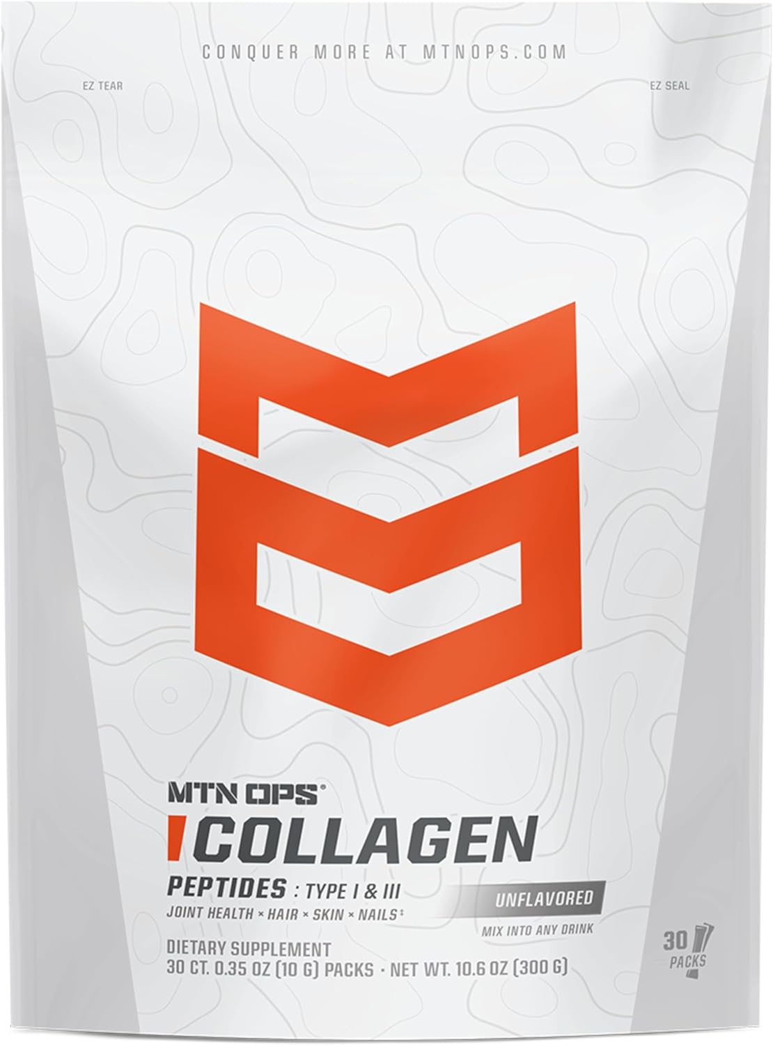 MTN OPS Collagen Protein Powder On-The-Go Packs, 30 Packs per Bag of Unflavored, Highly Digestible Protein with 9g of Protein per Serving