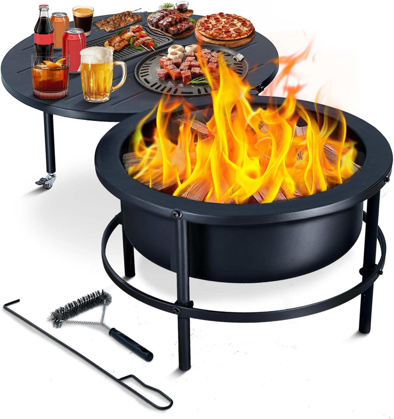 Fire Pits for Outside Wood Burning with Rotating Table, 52" Multifunctional Fire Pit with Grill Grate, Poker & Waterproof Cover, Portable Outdoor Bonfire Bowl for Camping, Patio, Backyard