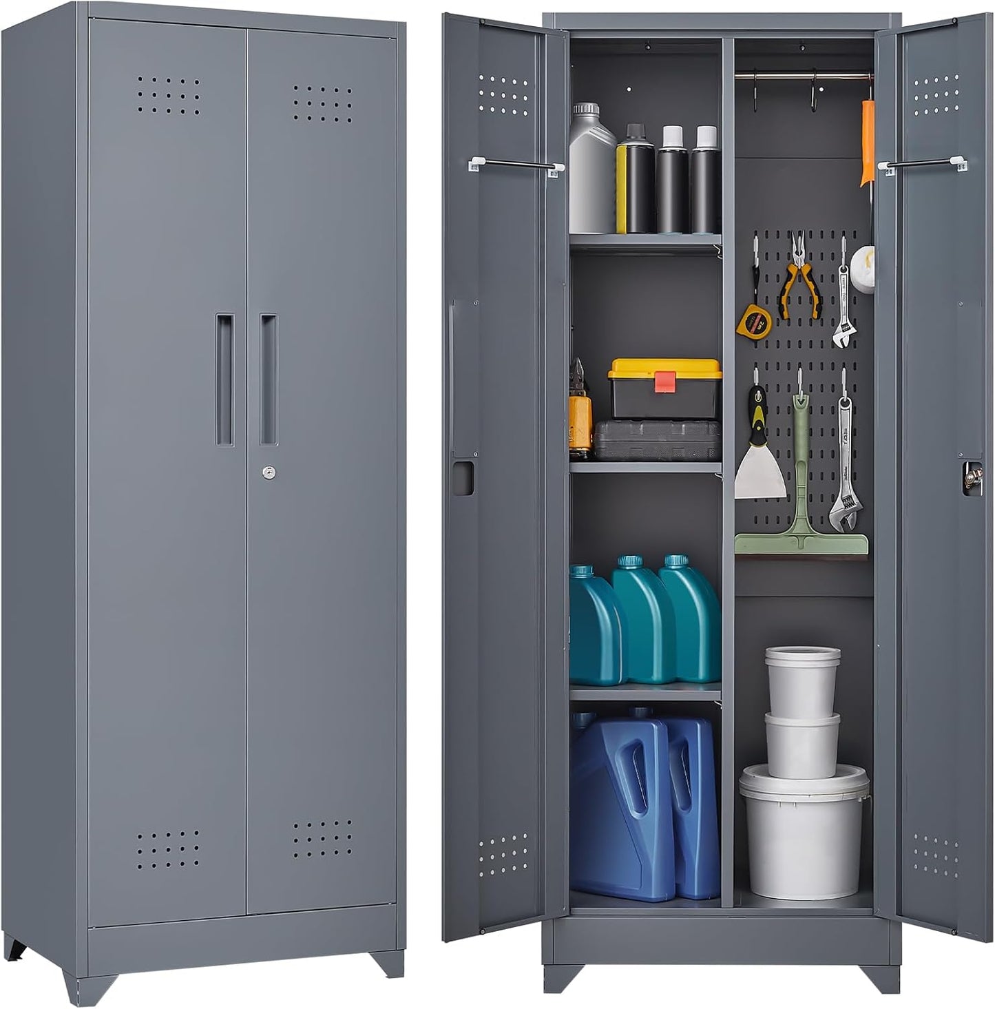 Anveffeg 65" Grey Metal Garage Storage Cabinet with Locking Doors, Shelves & Hanging Rod for Brooms, Cleaning Tools - Outdoor Storage Cabinet with s-Hooks