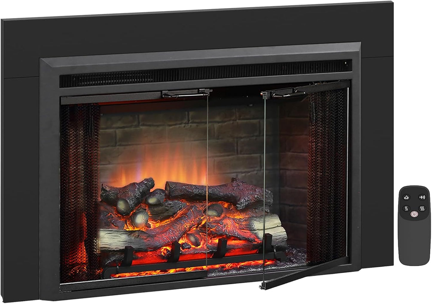 PuraFlame Klaus 33" x 21" Electric Fireplace Insert with Trim Kit, Fire Crackling Sound, Resin Log, Glass Door and Mesh Screen, 750\/1500W Heater, Black