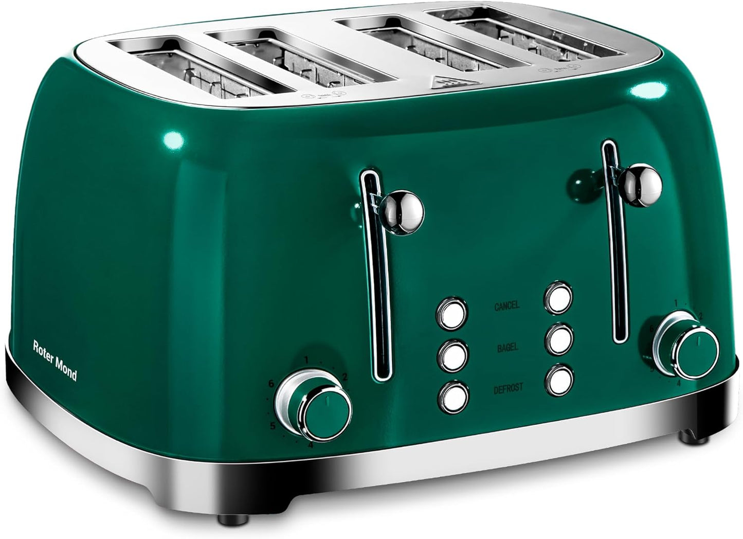 Roter Mond 4 Slice Toaster Retro Stainless Steel with Bagel Defrost Cancel Function, 6 Browning Settings, Extre Wide Slot and Removable Crumb Tray, Green, ST033