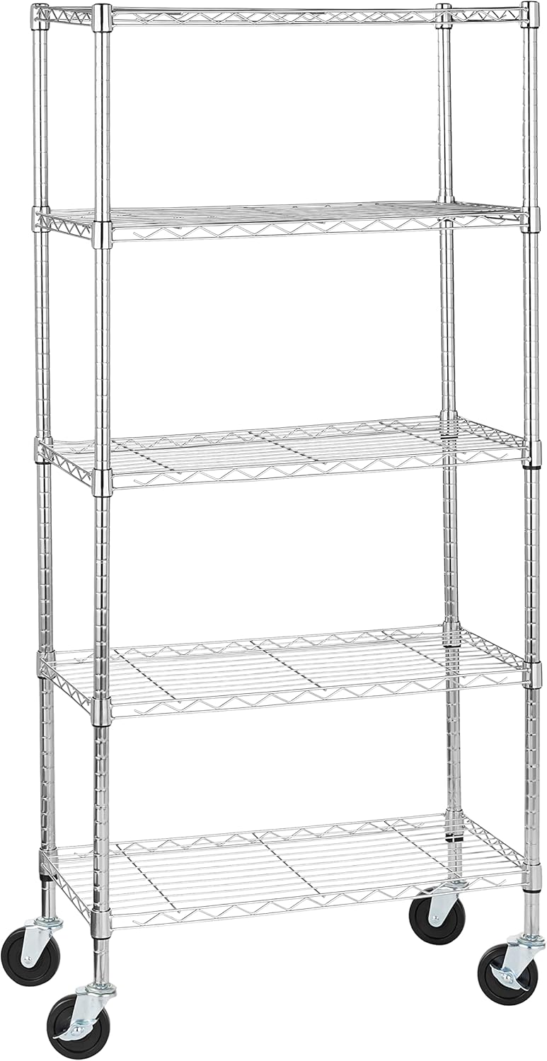 Amazon Basics 5-Shelf Adjustable, Heavy Duty Storage Shelving Unit on 4'' Wheel Casters, Metal Organizer Wire Rack, 30" L x 14" W x 64.8" H, Chrome