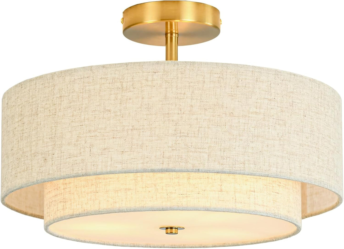 16" Semi Flush Mount Ceiling Light, 3-Light Gold Drum Ceiling Light Fixture with 2-Tier Fabric Linen Shade, Farmhouse Chandelier for Dining Room, Living Room, Bedroom, Kitchen, Hallway, Entryway