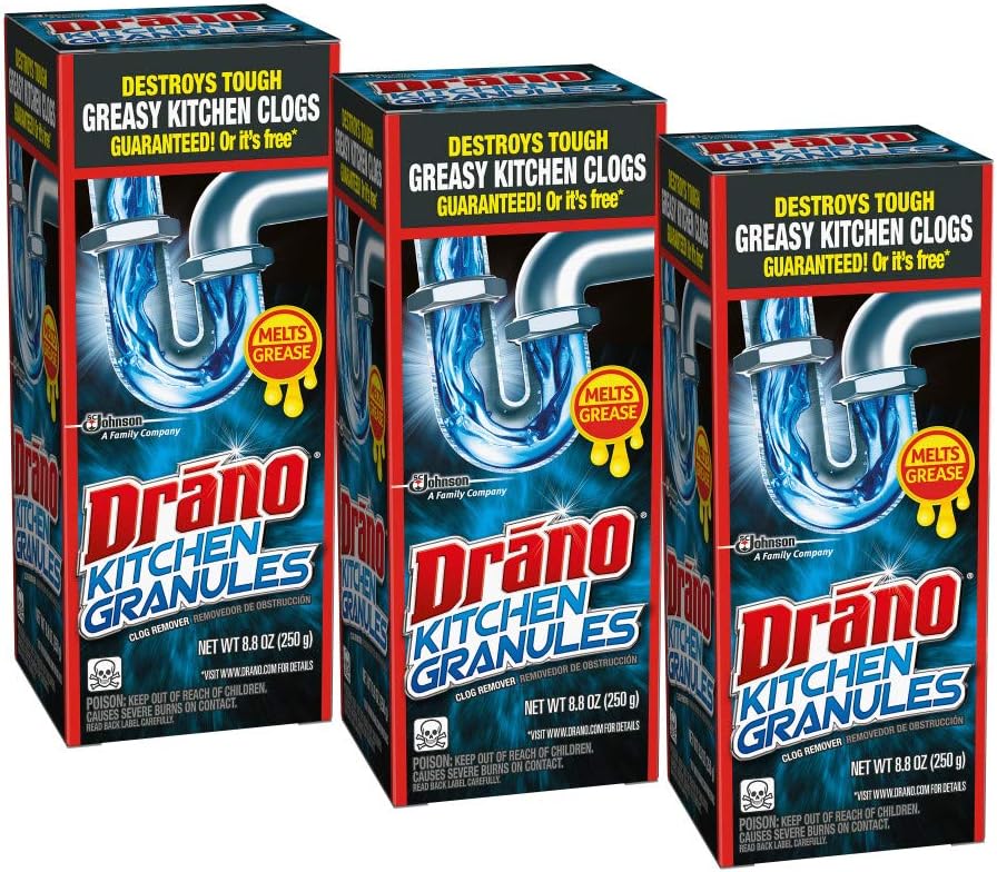 Drano Kitchen Granules Drain Clog Remover and Cleaner, Unclogs Blockage from Grease or Cooking Oil, 8.8 oz (Pack of 3)