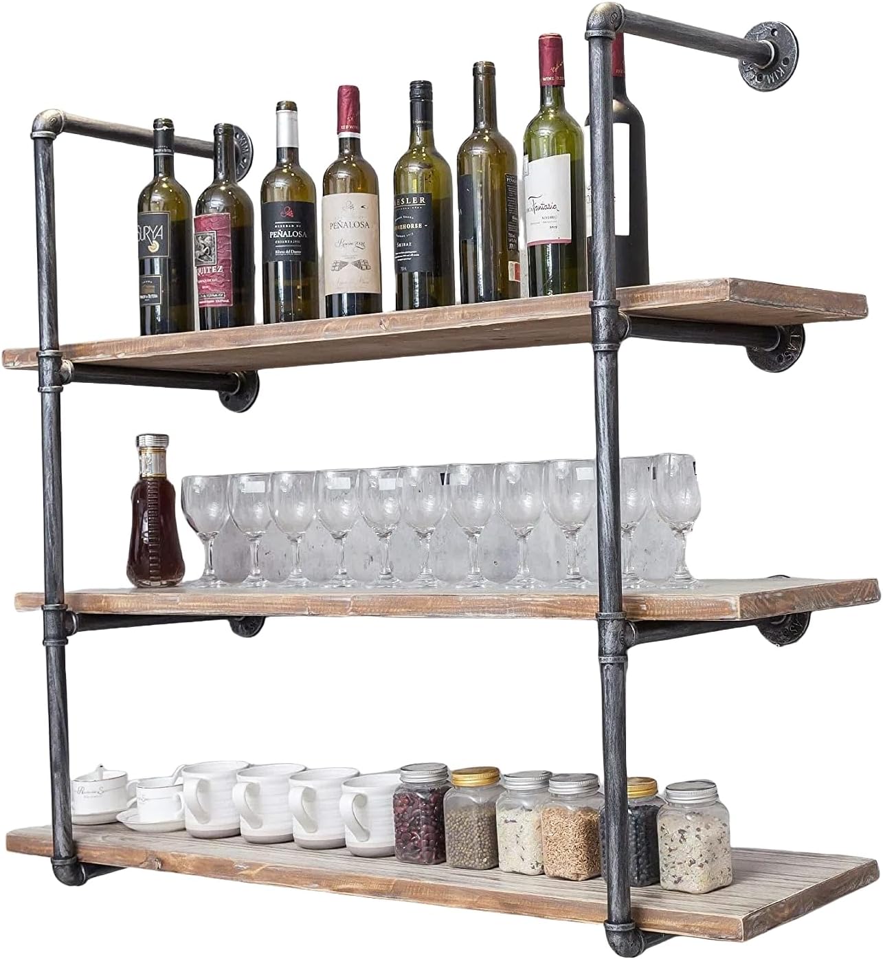 Industrial Wall Mounted Iron Floating Pipe Shelves\/Shelving\/Racks\/Storage\/Bookcases\/Brackets, DIY Open Bookshelves\/Shelving for Kitchen\/Office, Retro Black,(4-Tier Shelf Brackets,Not Include Planks)