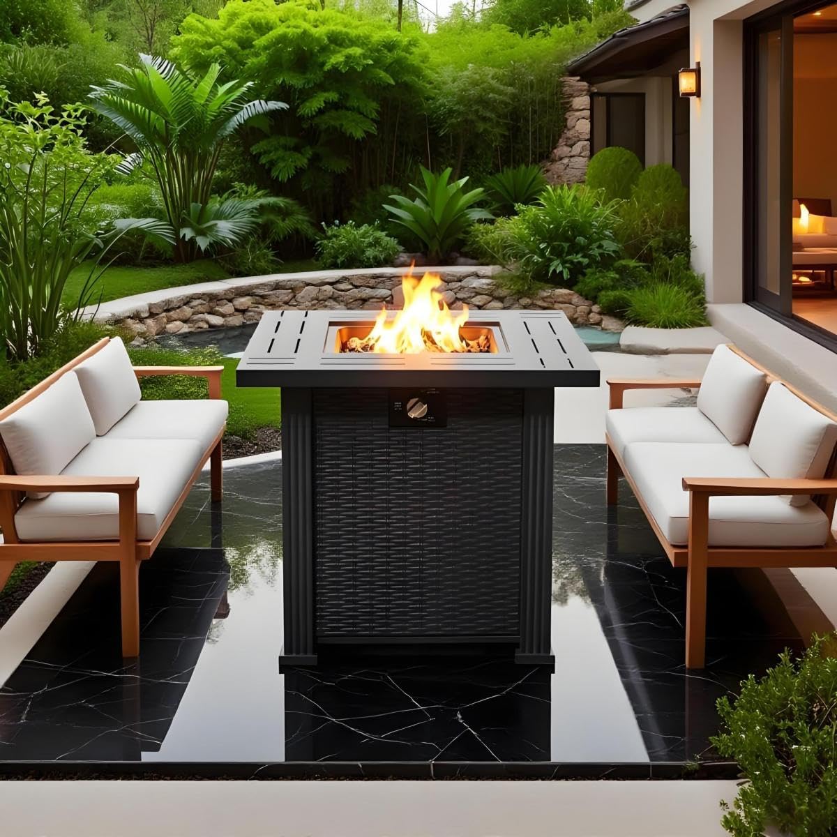 28" Propane Gas Fire Pit Table, 50000 BTU Square Steel Fire Pit for Outside Patio Deck Garden Backyard-Black