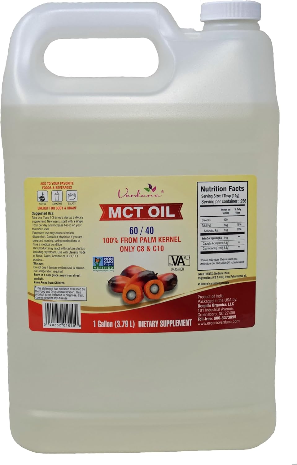Verdana Food Grade MCT Oil – 1 Gallon (128 Fl Oz) - Kosher, Non-GMO – Dietary Supplement - Great for Keto, Paleo Diets – Also for Sports Nutrition, Aromatherapy, Massage Oil