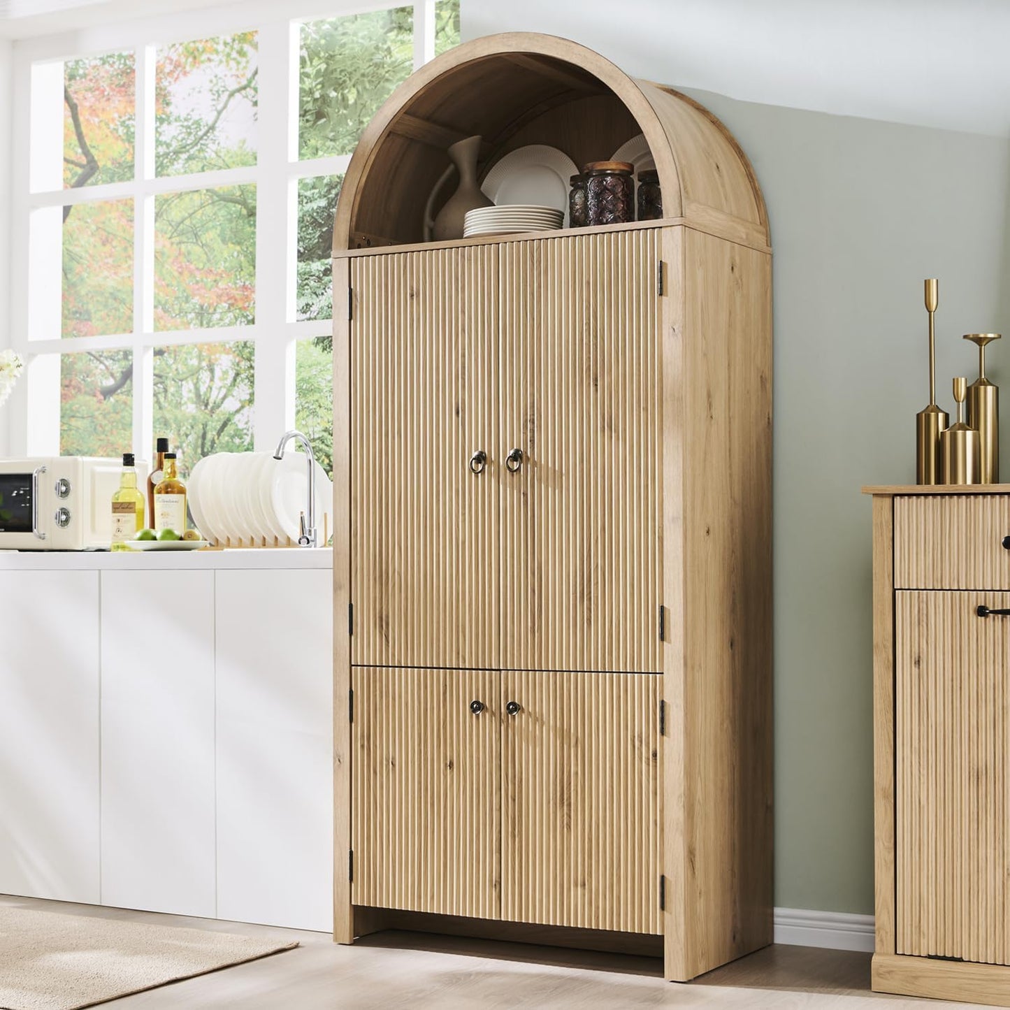 IFGET 71" Tall Arched Kitchen Pantry, Modern Fluted Wood Storage Cabinet with Doors, 3 Adjustable Shelves, 6 Door Shelves, Organizer, Versatile Cupboard for Kitchen, Bathroom, Natural