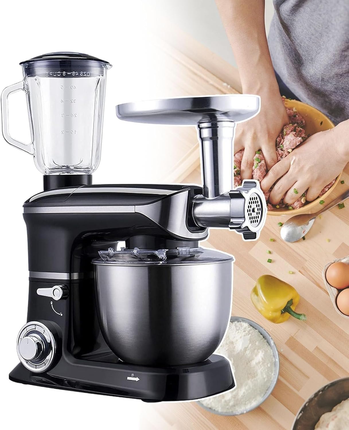 Electric Kitchen Mixer, Kitchen Press Machine, Stainless Steel 6 Litre Mixing Bowl, Abs-Metal Edge Body, For Birthday Parties, Business Teambuilding, Wedding Venues(Black)