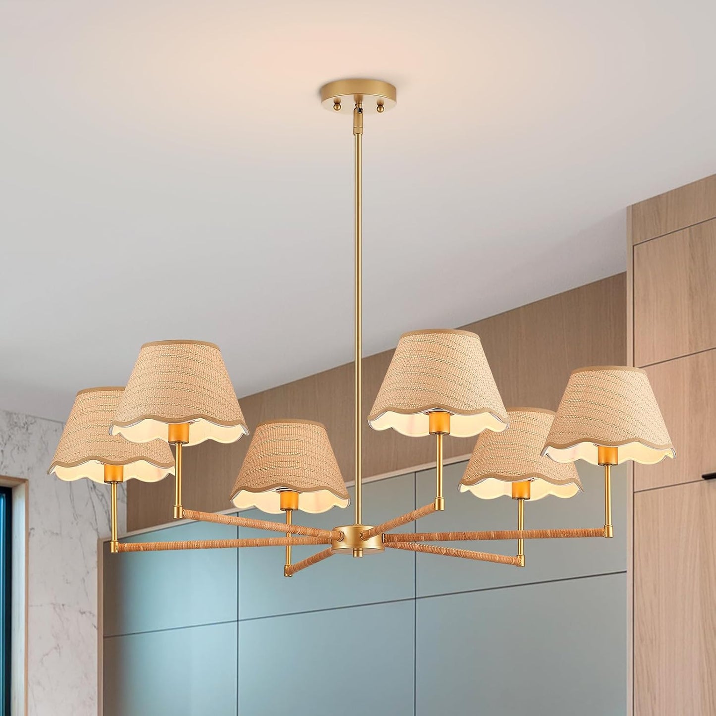 ELYCCUPA 39\u201D Boho Rattan Chandelier 6-Lights Rustic Industrial Pendant Light Large Adjustable Pendant Lighting Fixtures for Kitchen Island Dining Living Room, UL Listed