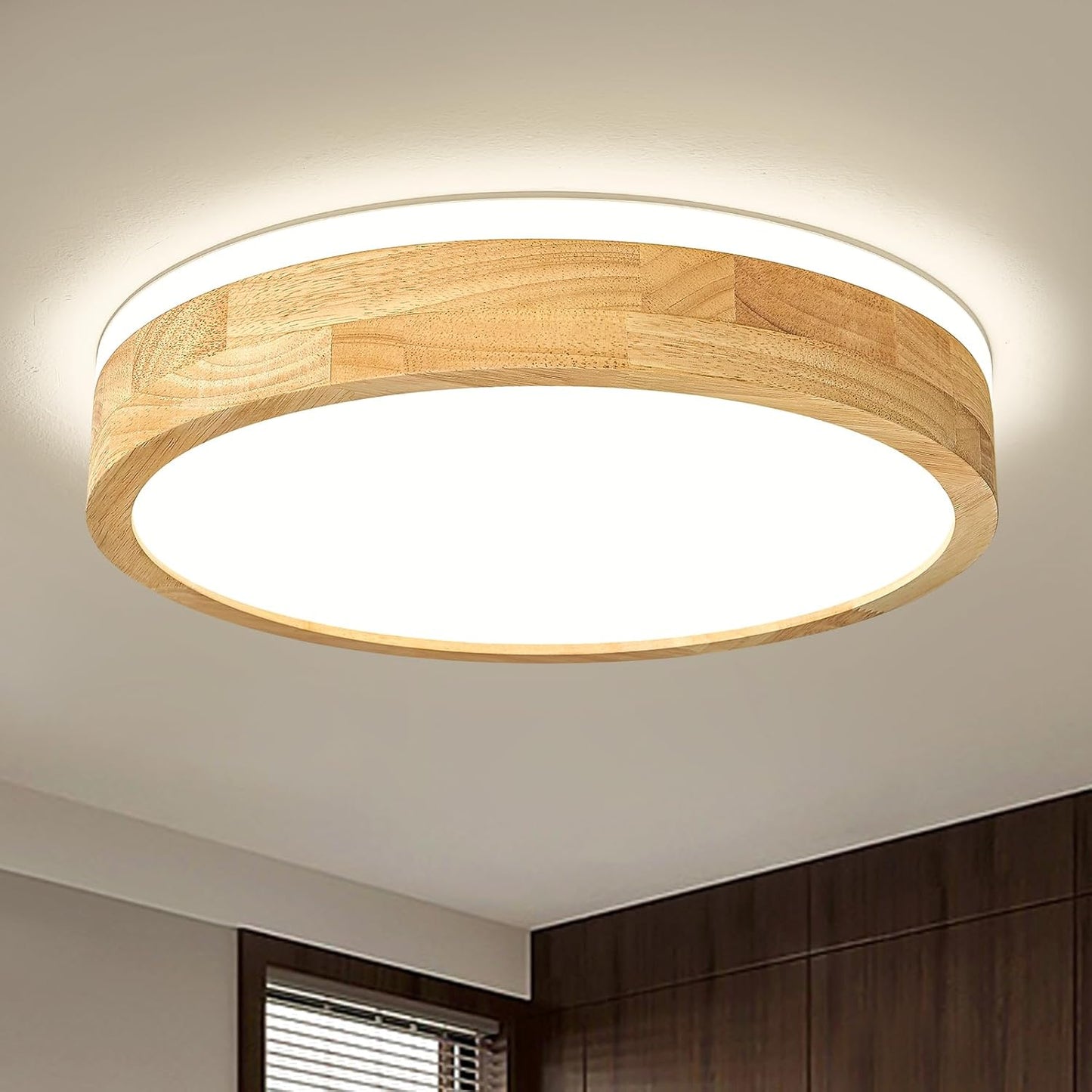 Pevfah Modern Dimmable Wood Flush Mount Ceiling Light, 2700K-6000K 5CCT Round Close to Ceiling Lighting Fixtures, Minimalist LED Ceiling Lamp for Bedroom, Kitchen, Hallway, Living Room-15.74in
