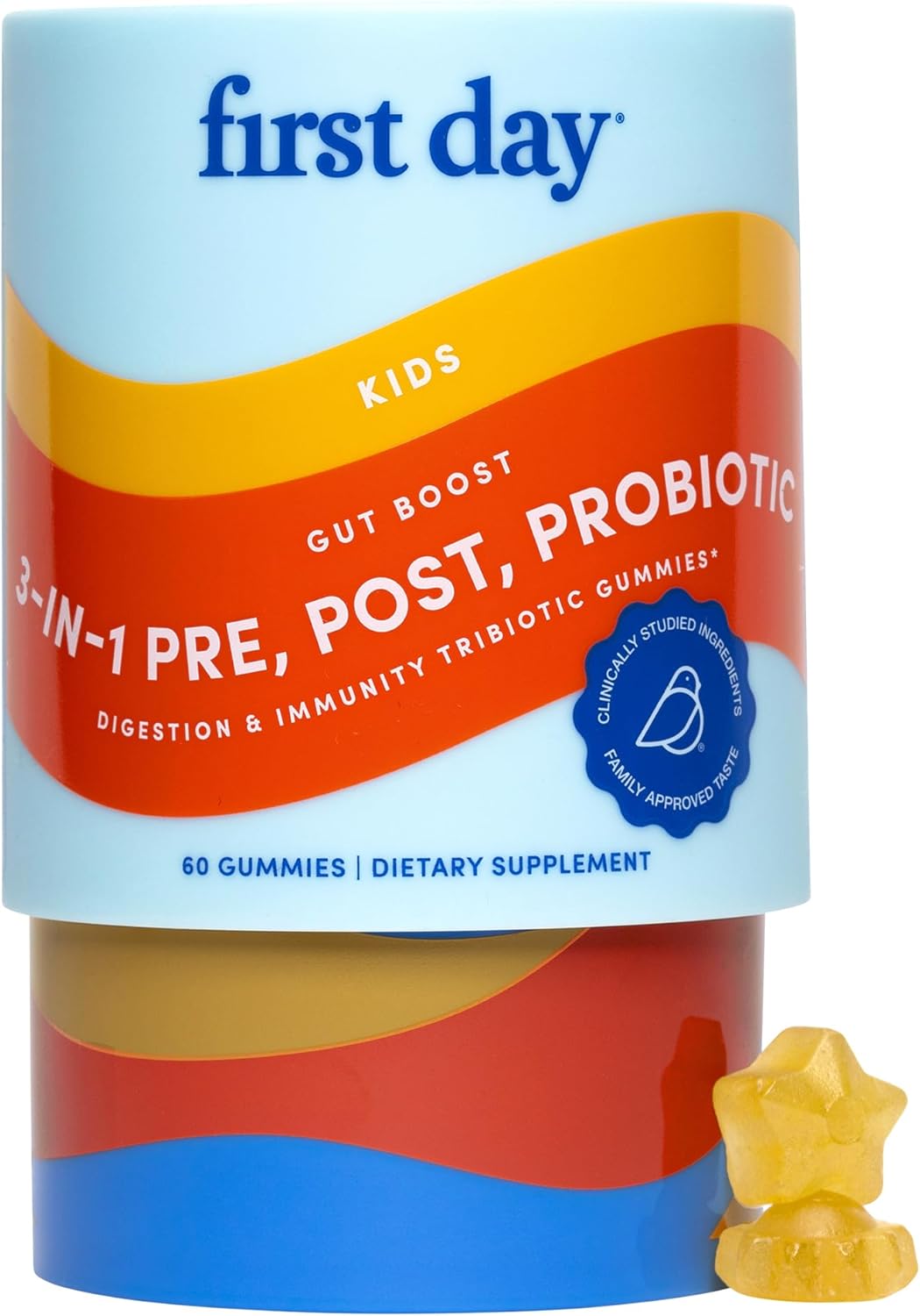 FIRST DAY Kids 3-in-1 Probiotic Gummies \u2013 Prebiotic + Probiotic + Postbiotic Supplement \u2013 Supports Digestive & Oral Health, Immune Function & Energy Levels \u2013 30-Day Supply