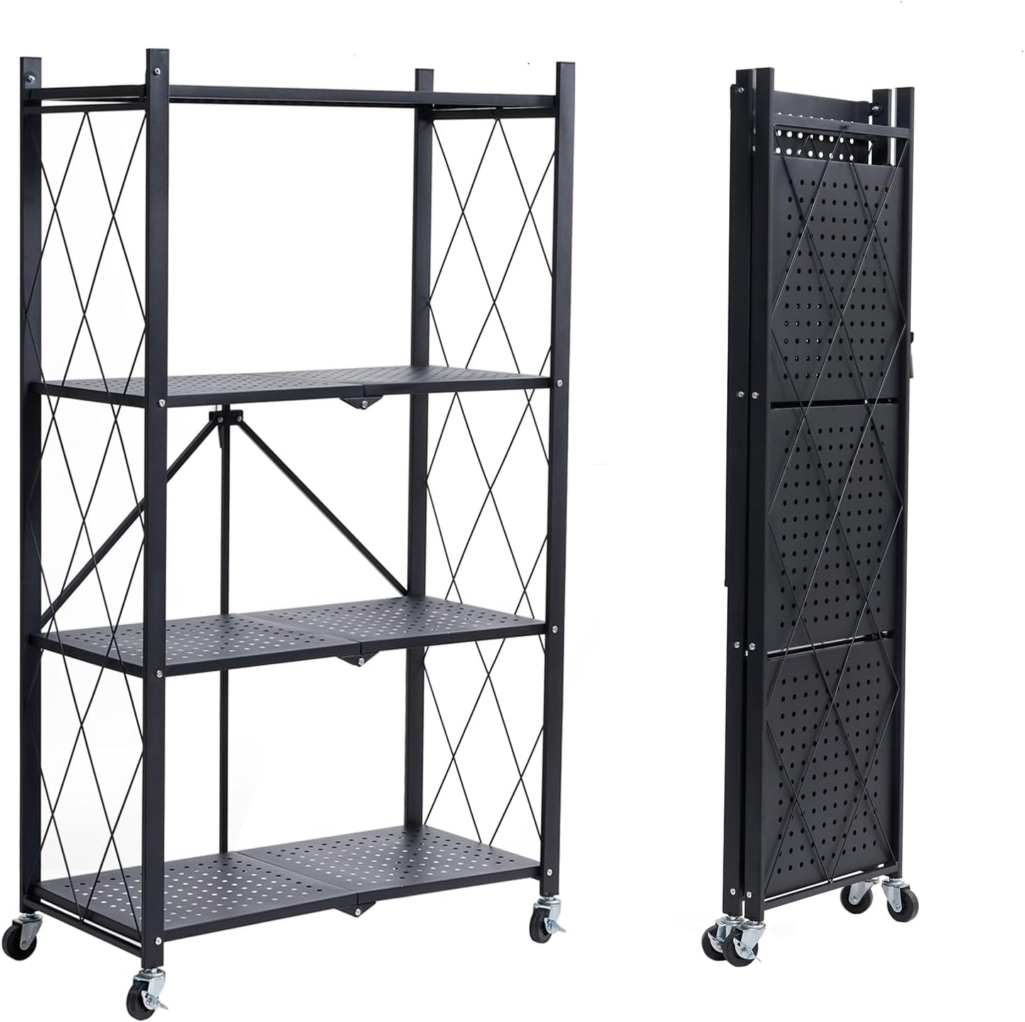 BRIAN & DANY 4-Shelf Foldable Storage Shelves with Wheels, Folding Metal Rack Shelving Unit, Heavy Duty No Assembly Organizer Shelf for Garage, Kitchen, Basement, Pantry, Black