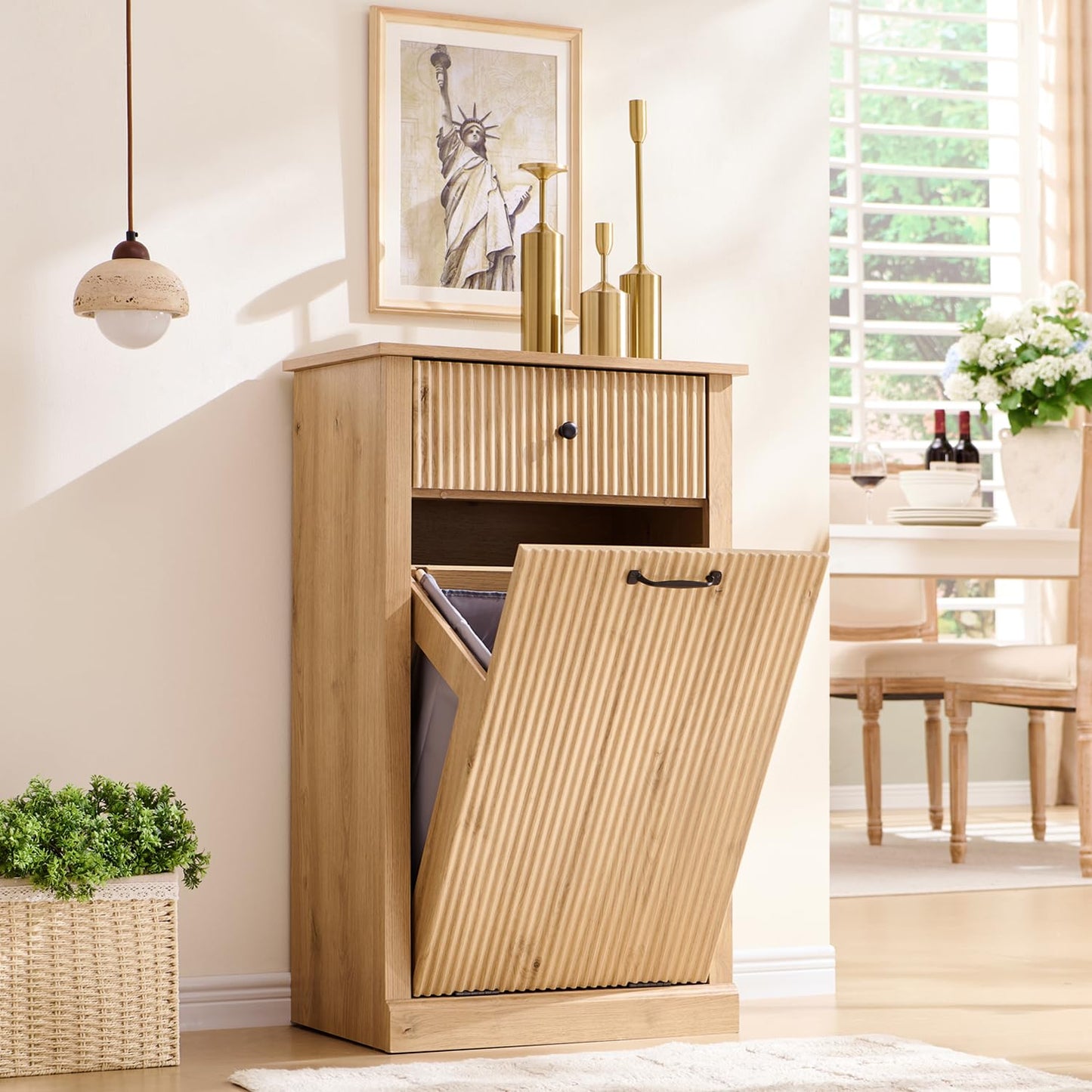 IFGET Modern Tilt-Out Trash Can Cabinet, 10 Gallon Fluted Laundry Hamper Cabinet with Drawers, Wooden Hidden Garbage Can Cabinet w\/Storage Basket, Free Standing for Kitchen & Living Room,Natural Oak