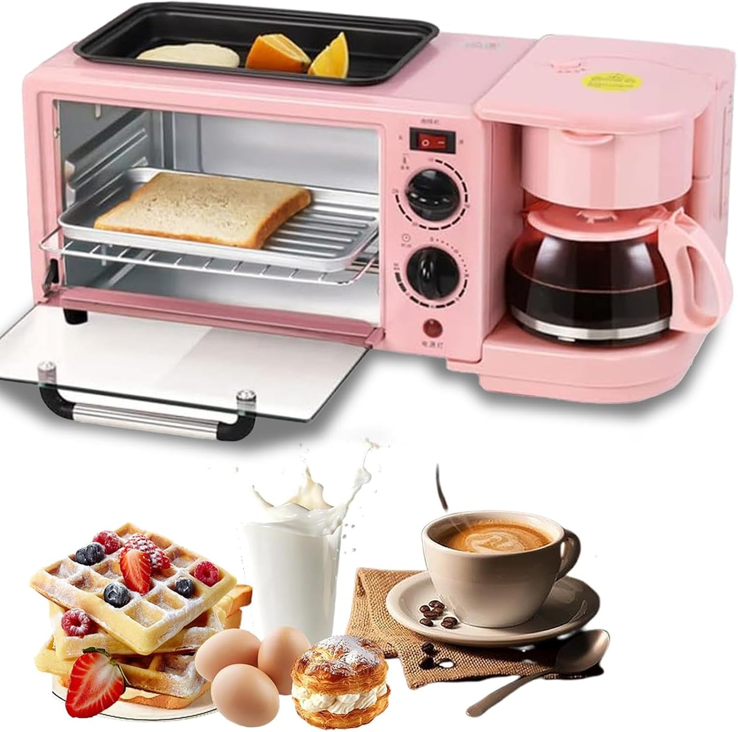 3-In-1 Breakfast Station, Electric Multifunctional Breakfast Machine with 1.2L Cooking Pot, 9L Large Capacity Baking Area (Pink)