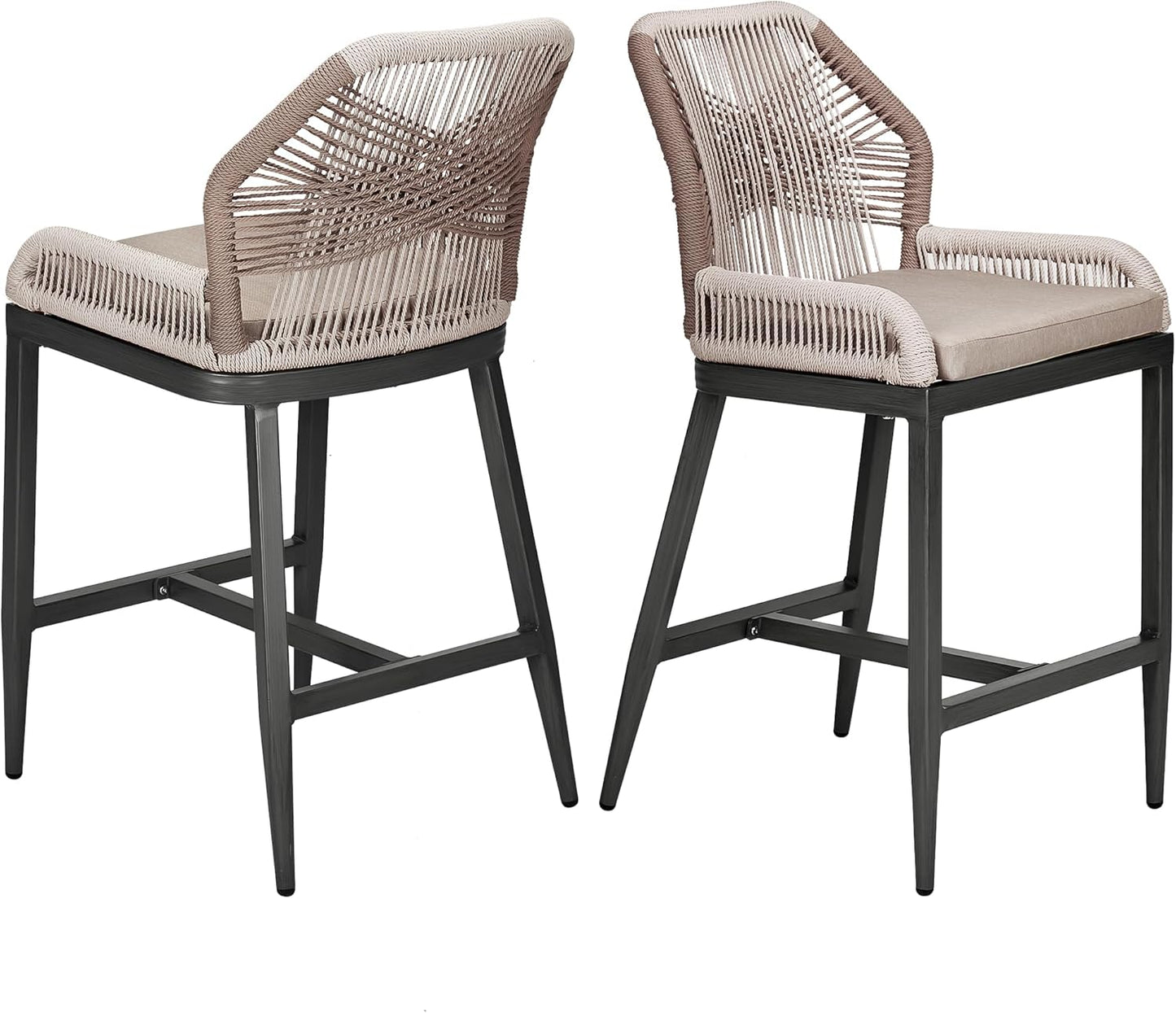 Qeetex Outdoor Bar Stools Set of 2 - Purple Leaf Wicker Rattan Patio Bar Stools - Bohemia High Top Patio Chairs with Back and Footrest - Patio Garden Balcony Pool Bar Chairs - Black