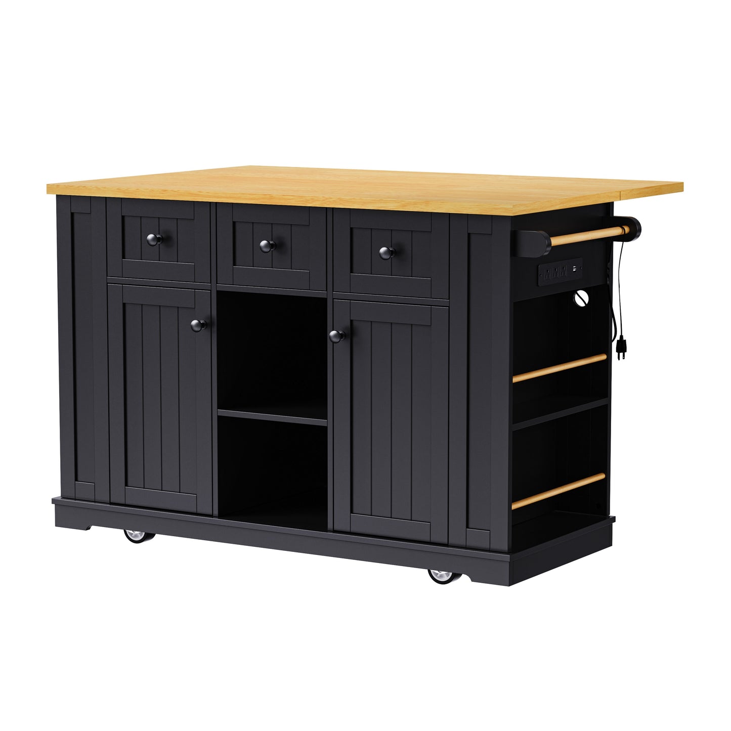 Damerin Black MDF Base with MDF Wood Top Rolling Kitchen Island ( 29.52-in x 53.14-in x 36.4-in )