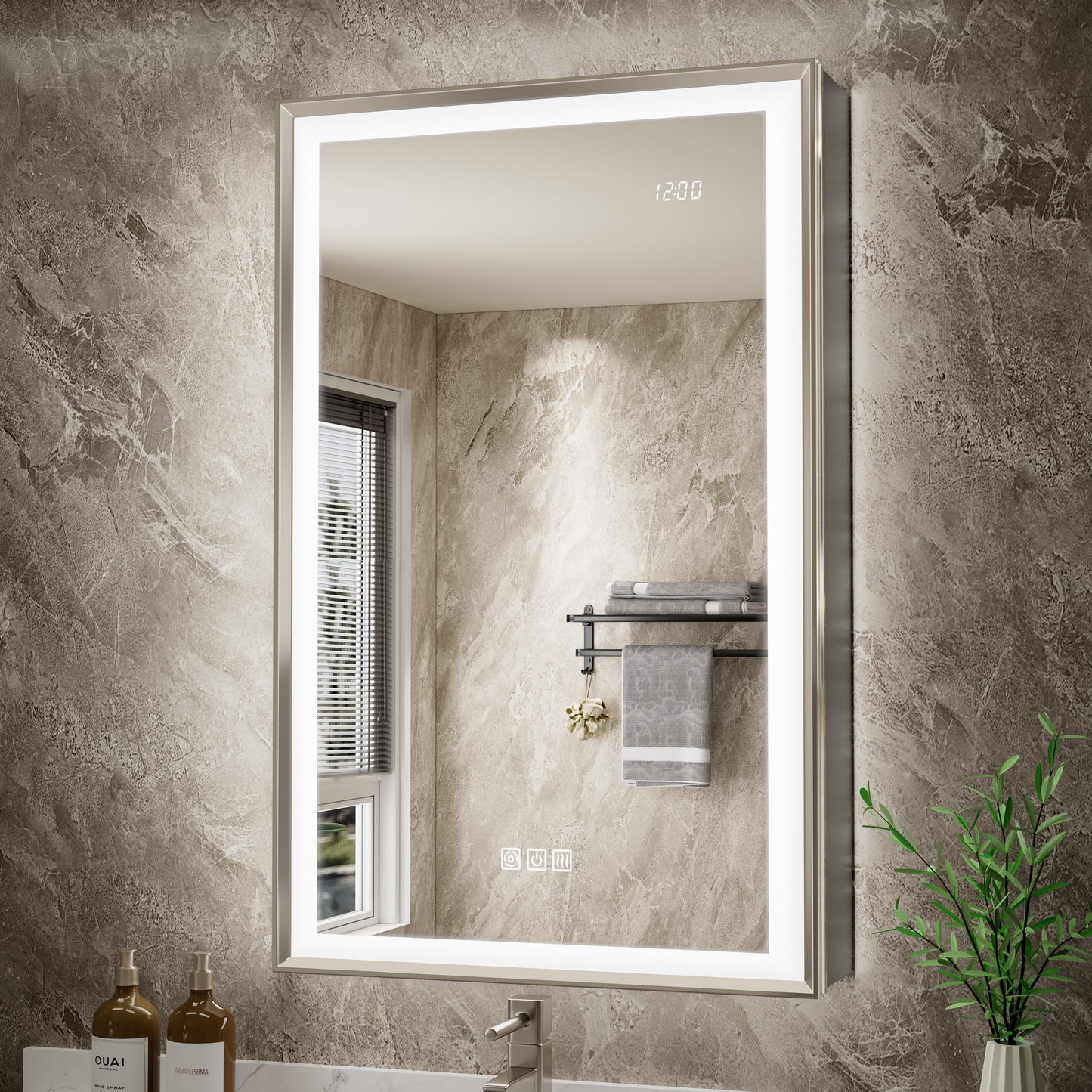 QueenFun Nova 20.01-in x 32-in Lighted LED Fog Free Surface/Recessed Mount Brushed Nickel Mirrored Rectangle Soft Close Medicine Cabinet