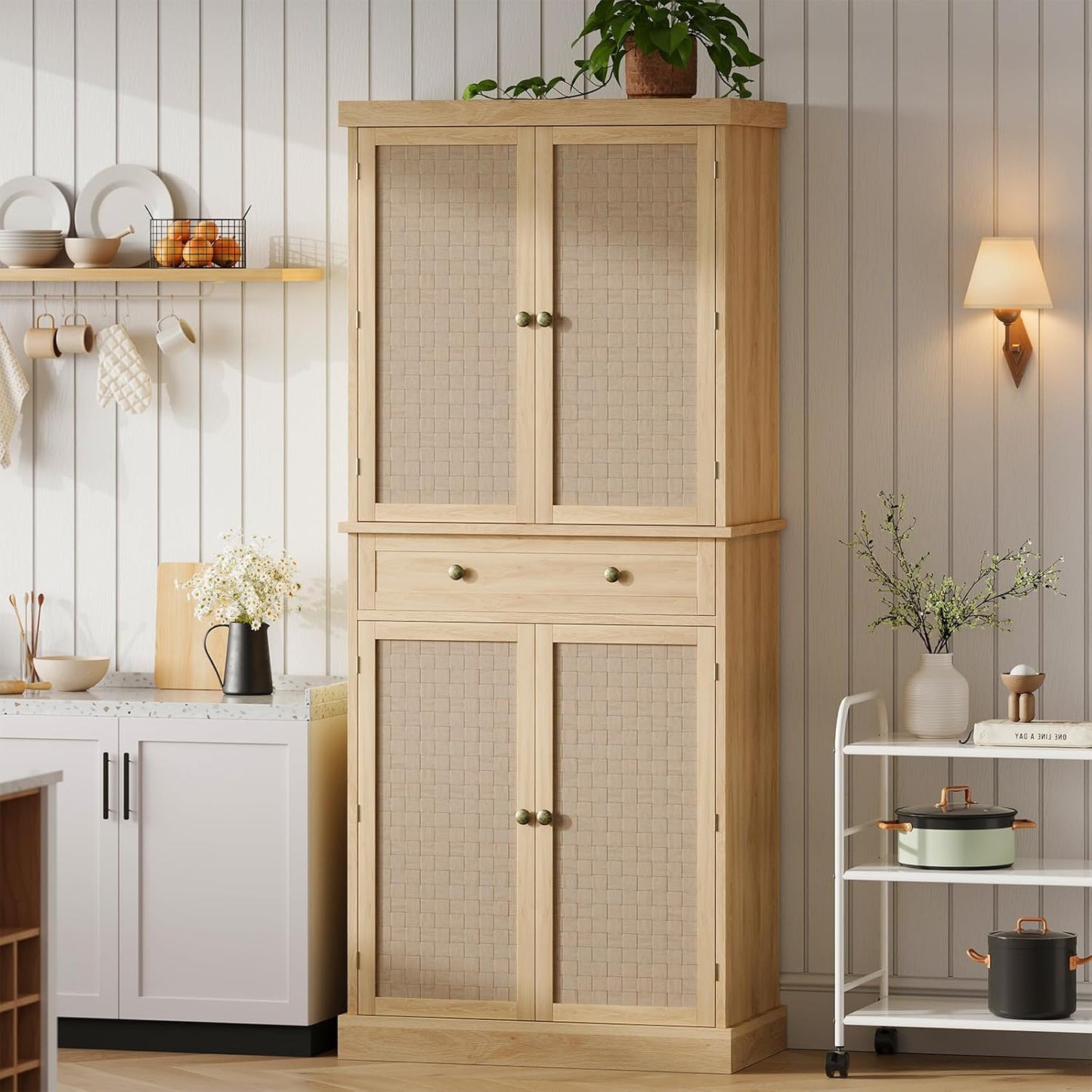WhizMax 72in Tall Kitchen Pantry Rattan Doors Pantry Cabinet with 1 Drawer and 4 Adjustable Shelf Wood Storage Cabinet Cupboard for Kitchen Dining Room