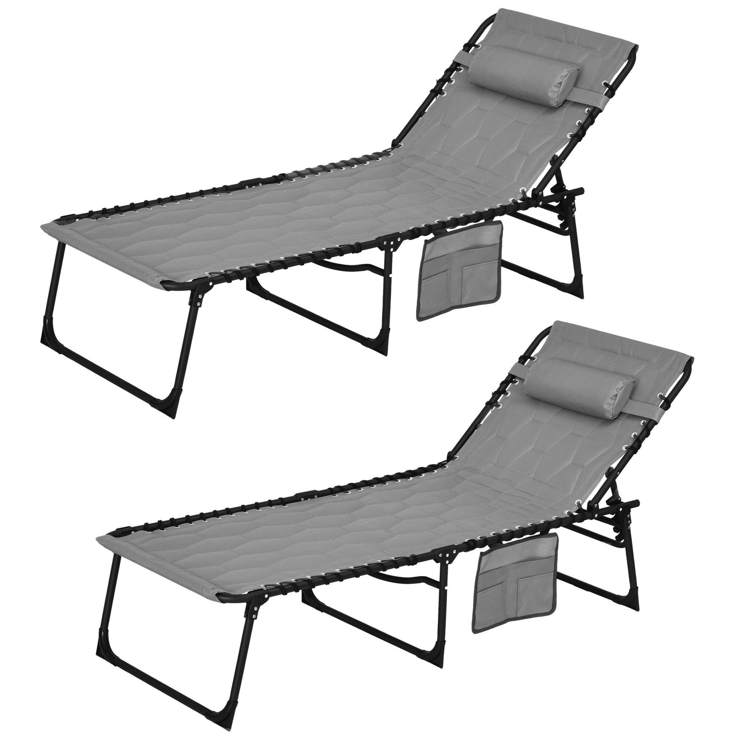 Miki Shinly Folding Chaise Lounge Set Set of 2 Black powder coating Steel Frame Stationary Beach Chair with Gray Mesh Seat