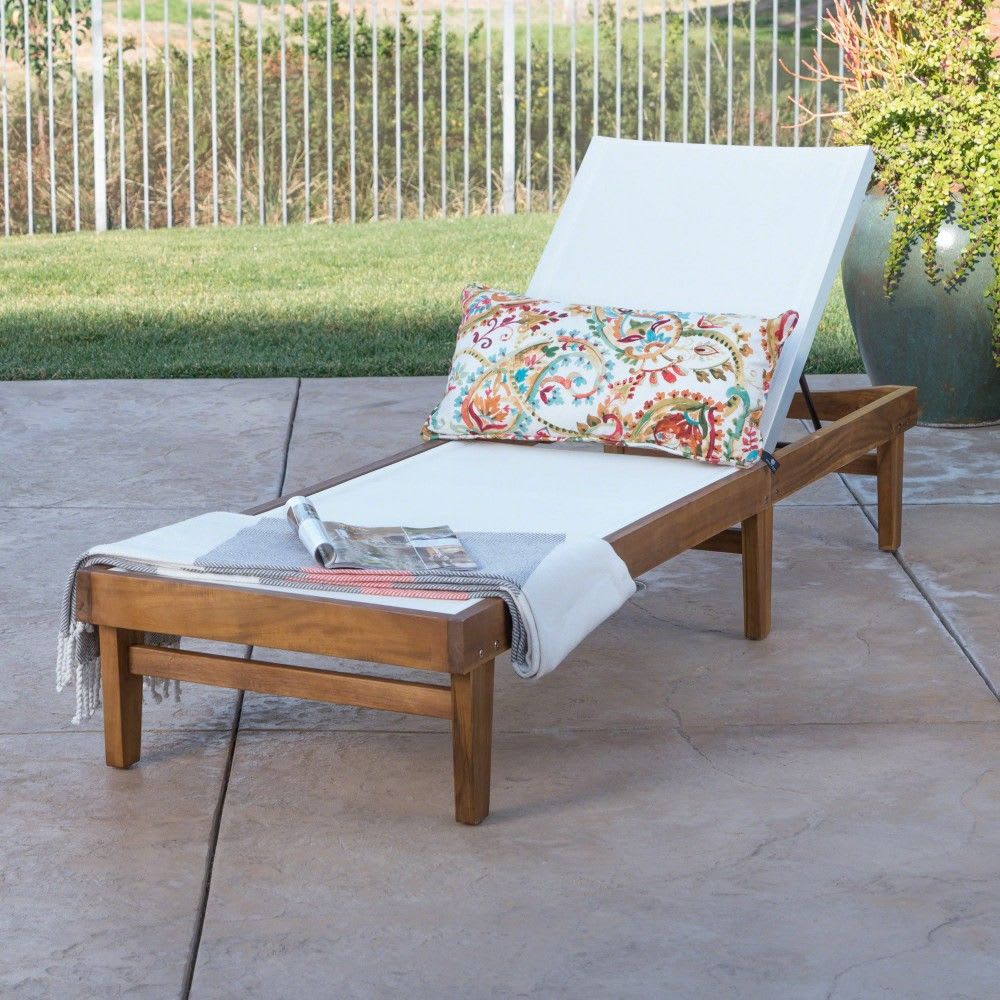Coolbibila Acacia Wood Outdoor Chaise Lounge with White Mesh Seat Teak Finish Weather Resistant Patio Lounger