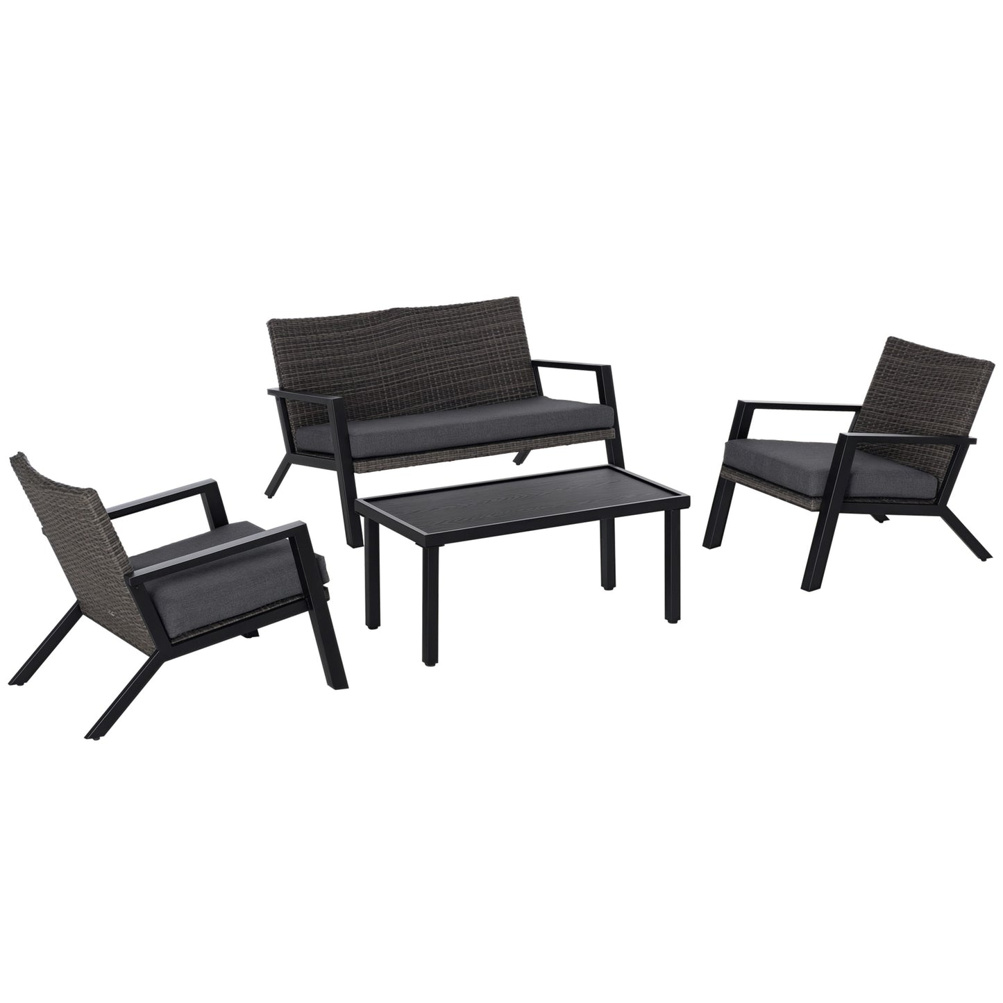 Outsunny 4 Piece Patio Furniture Set 2 PE Wicker Chairs Loveseat Sofa Outdoor Coffee Table Soft Cushions Couch Armchairs Black