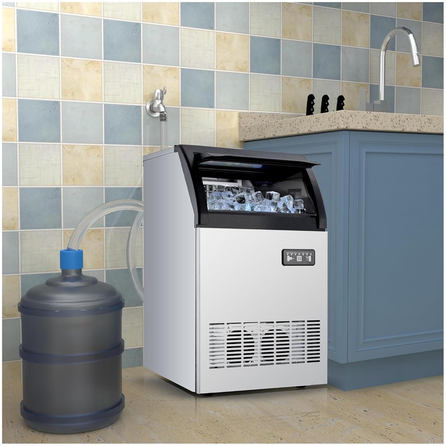 Qeetex Commercial Ice Maker 120 lb/24 Hour Ice Maker with 33 lb Storage Bin Stainless Steel Large Ice Maker Dual Water Inlet