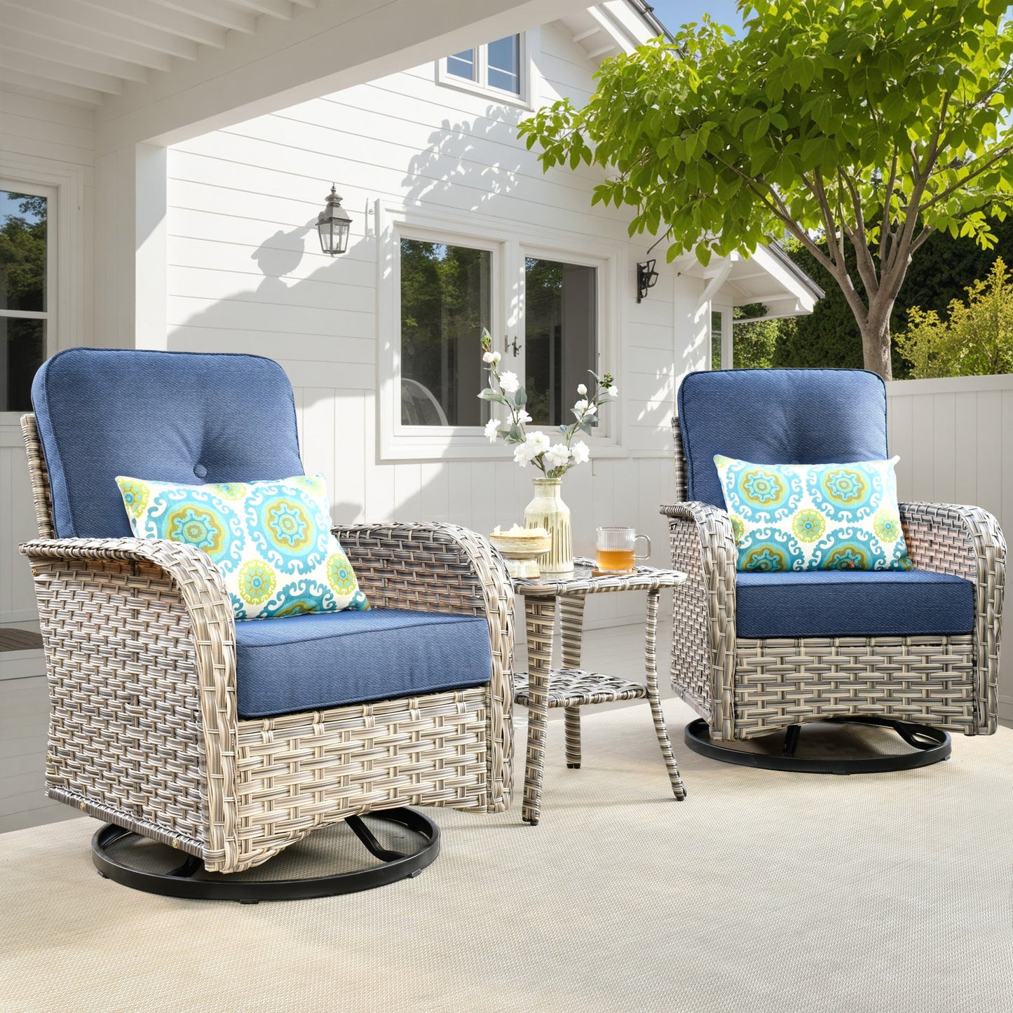 Ovios 3 -Piece Wicker Patio Conversation Set with Blue Cushions