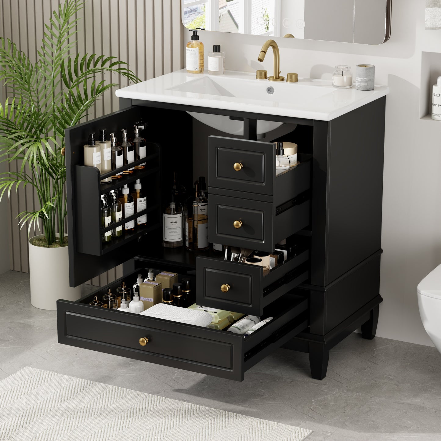 Christopher Knight Home 30 Inches Bathroom Vanity with Sink One Door with Shelf and Three Drawers Soft Close Door Black