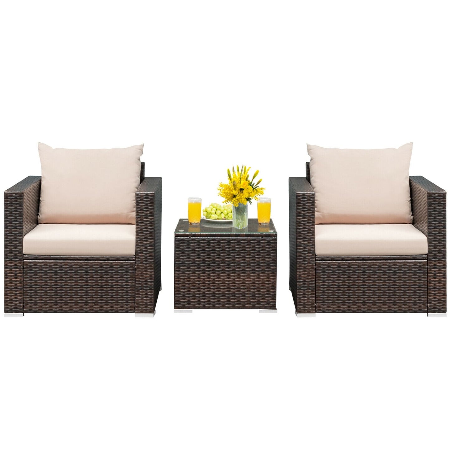 Slickblue 3-Piece Rattan 2-Sofa Patio Conversation Set with Brown Frame and Beige/Red/Turquoise/Black Cushions Including Tempered Glass Coffee Table for Patios Gardens or Balconies