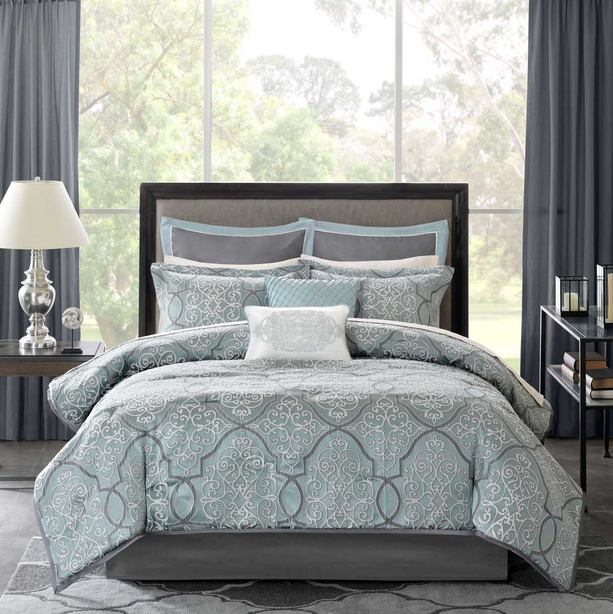 Vynxaria Slate Blue Cal King Damask Theme Polyester Jacquard Mattress Size 106x92 12 Piece Comforter Blanket