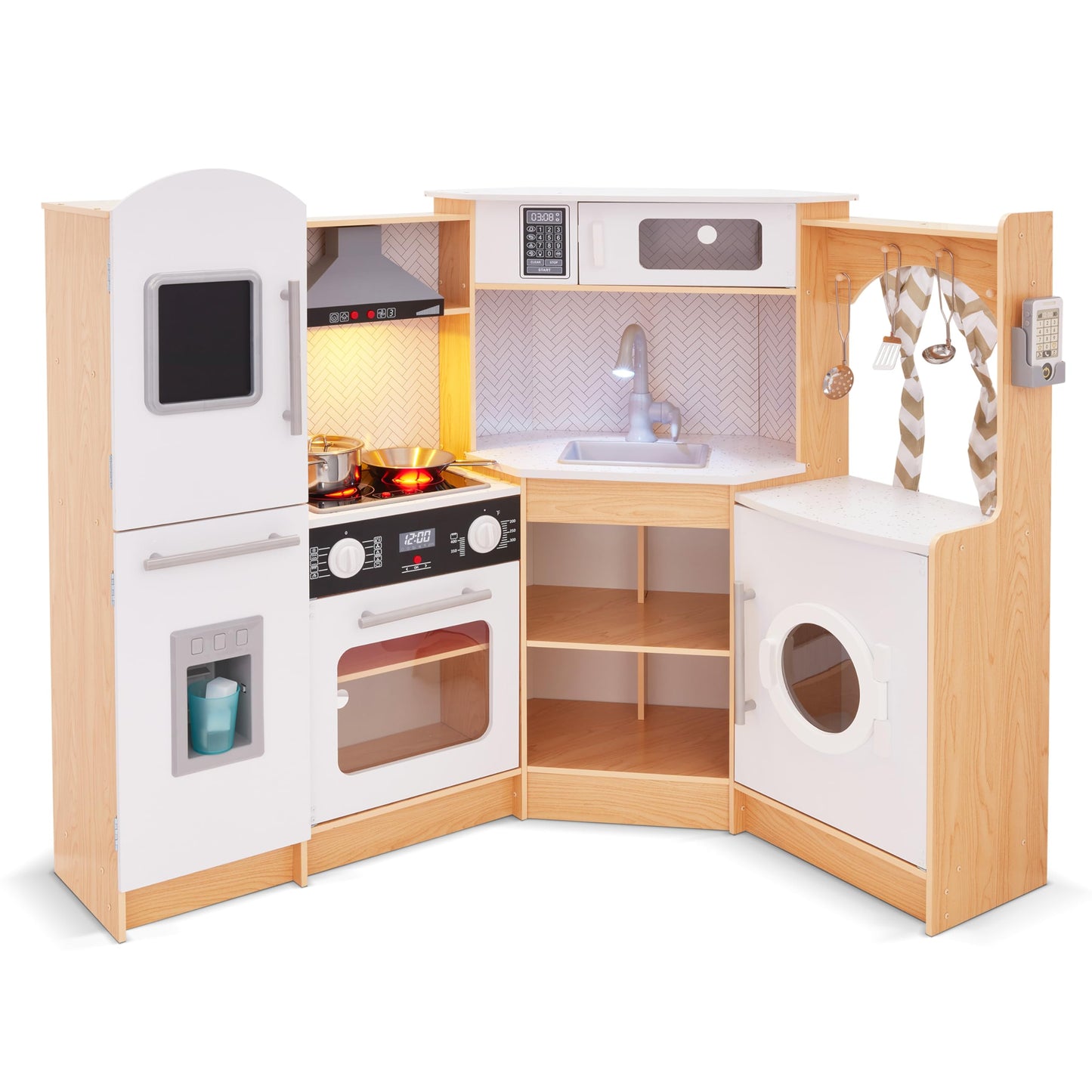 Jumbl Corner Kids Kitchen Playset - Pretend Kids Wooden Kitchen with Stovetop - Faucet and More - Natural