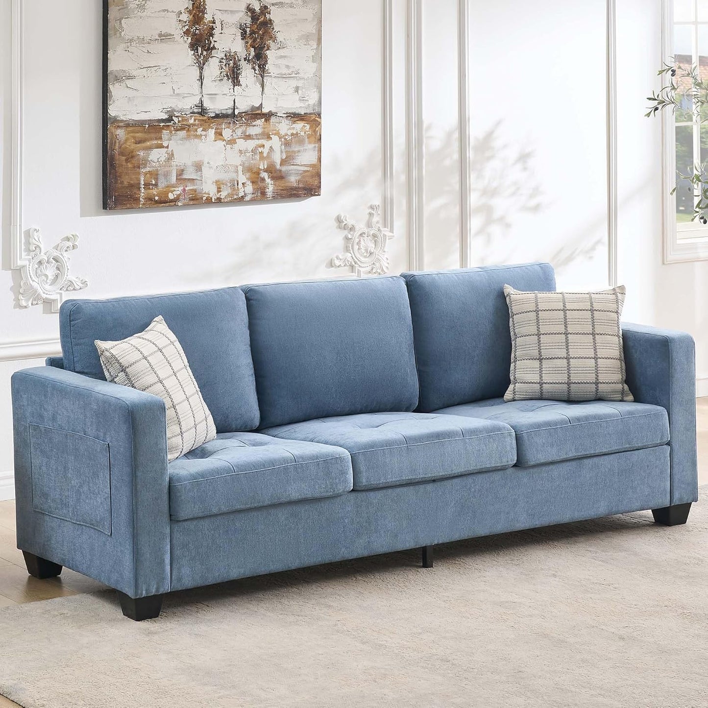Qeetex 3 Seat Sofa Modern with Armrests Comfy with Extra Deep Seat for Living Room Bedroom Apartment and Office Chenille Blue