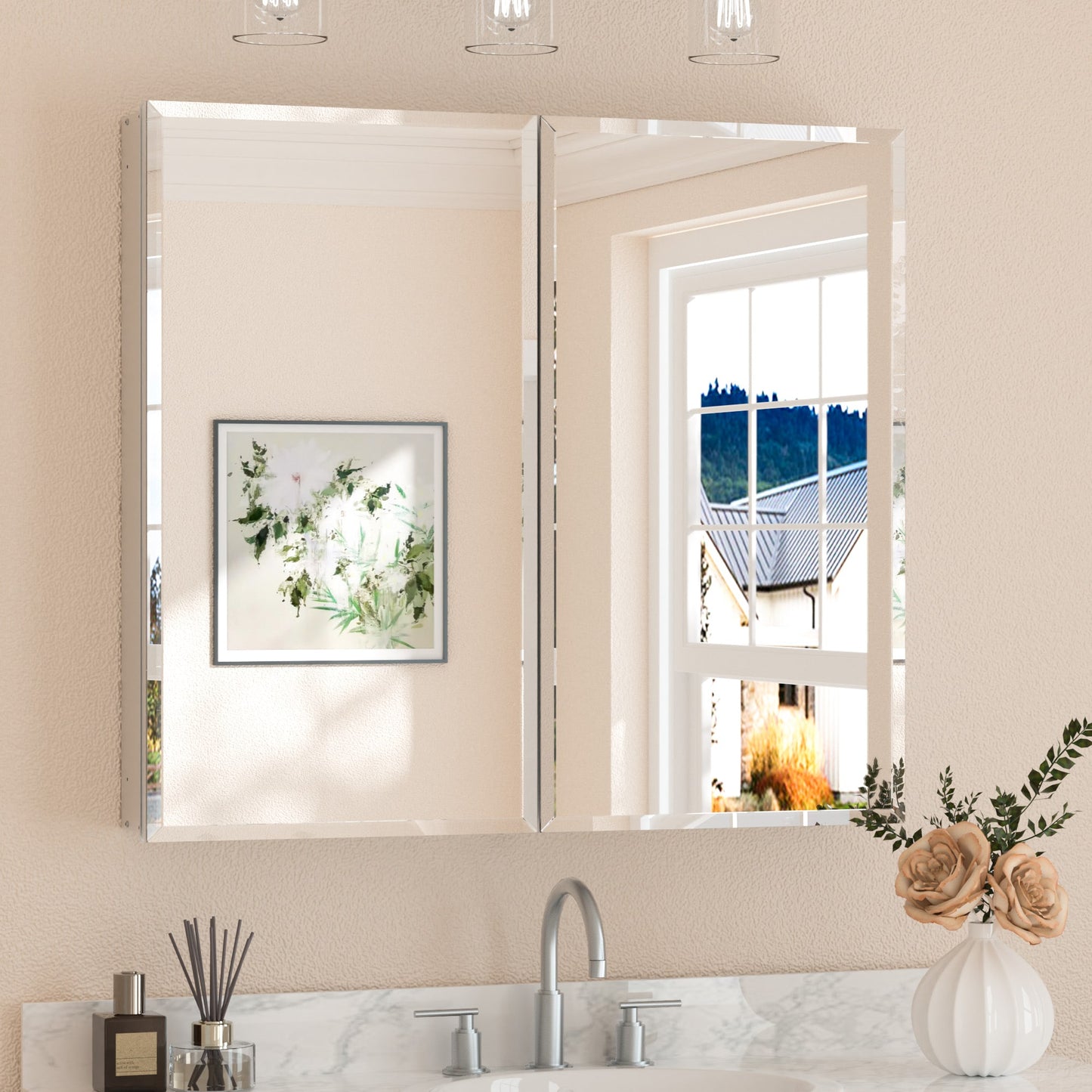 Keonjinn 36-in x 32-in Surface/Recessed Mount Sliver Mirrored Rectangle Soft Close Medicine Cabinet