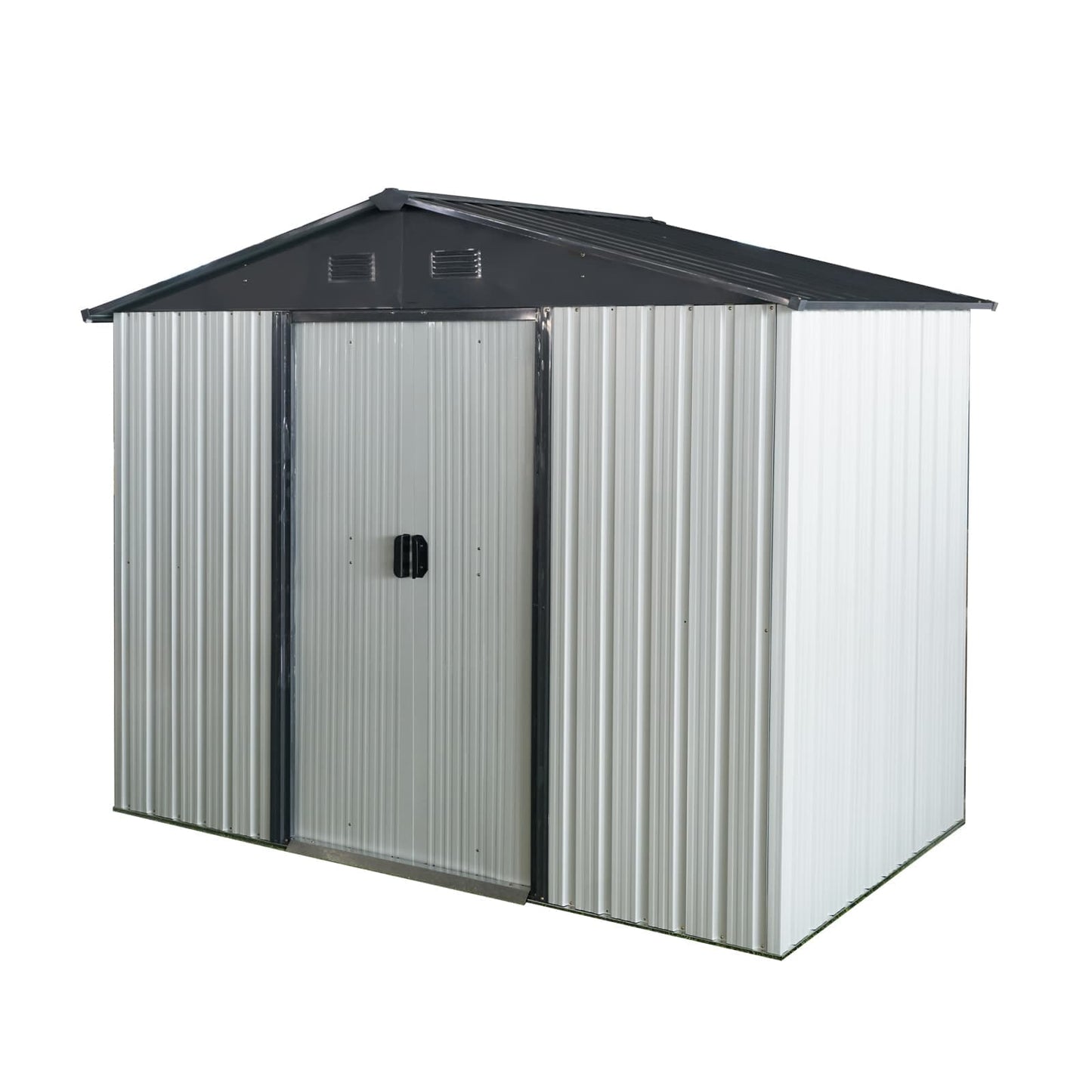 Vynxaria 8x4FT Outdoor Metal Storage Shed with Foundation Sliding Lockable Door Sloped Roof for Backyard Patio Lawn Black White