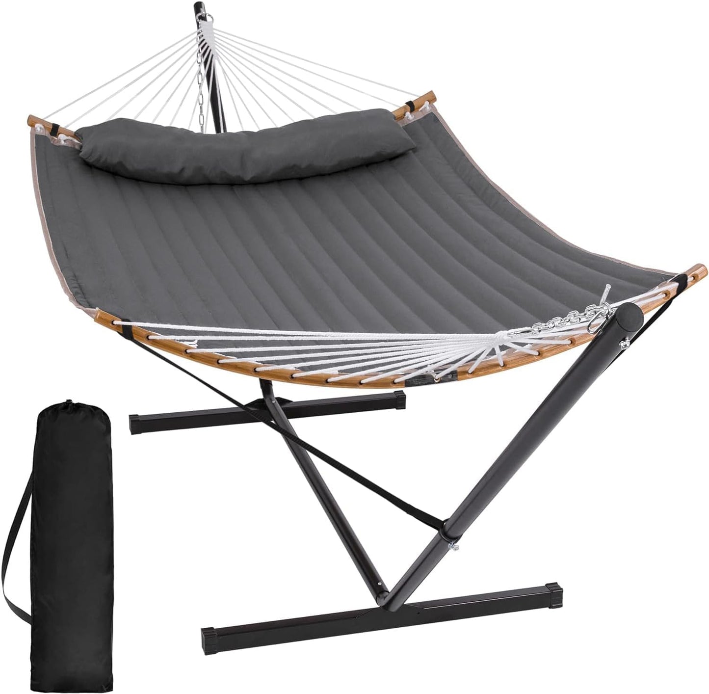 SUNCREAT Double Portable Hammock with Stand 2 Person Hammock with Curved Spreader Bar Balance Ropes Included Dark Gray