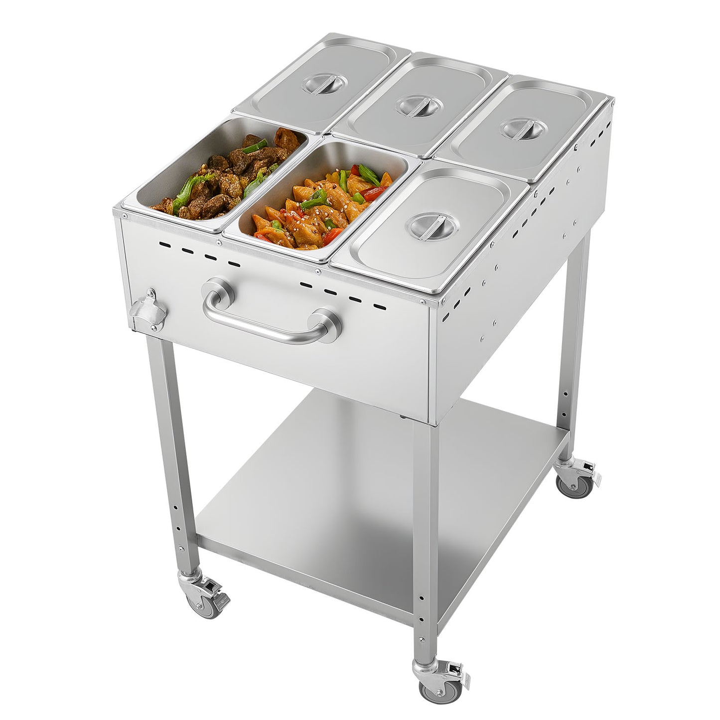 VEVOR 6-Pan Commercial Propane Steam Table LP Gas Outdoor Soup Warmer with Drain Valve and 3in Wheels Stainless Steel Propane Food Warmer with Adjustable Temperature for Restaurant Outdoor Camping