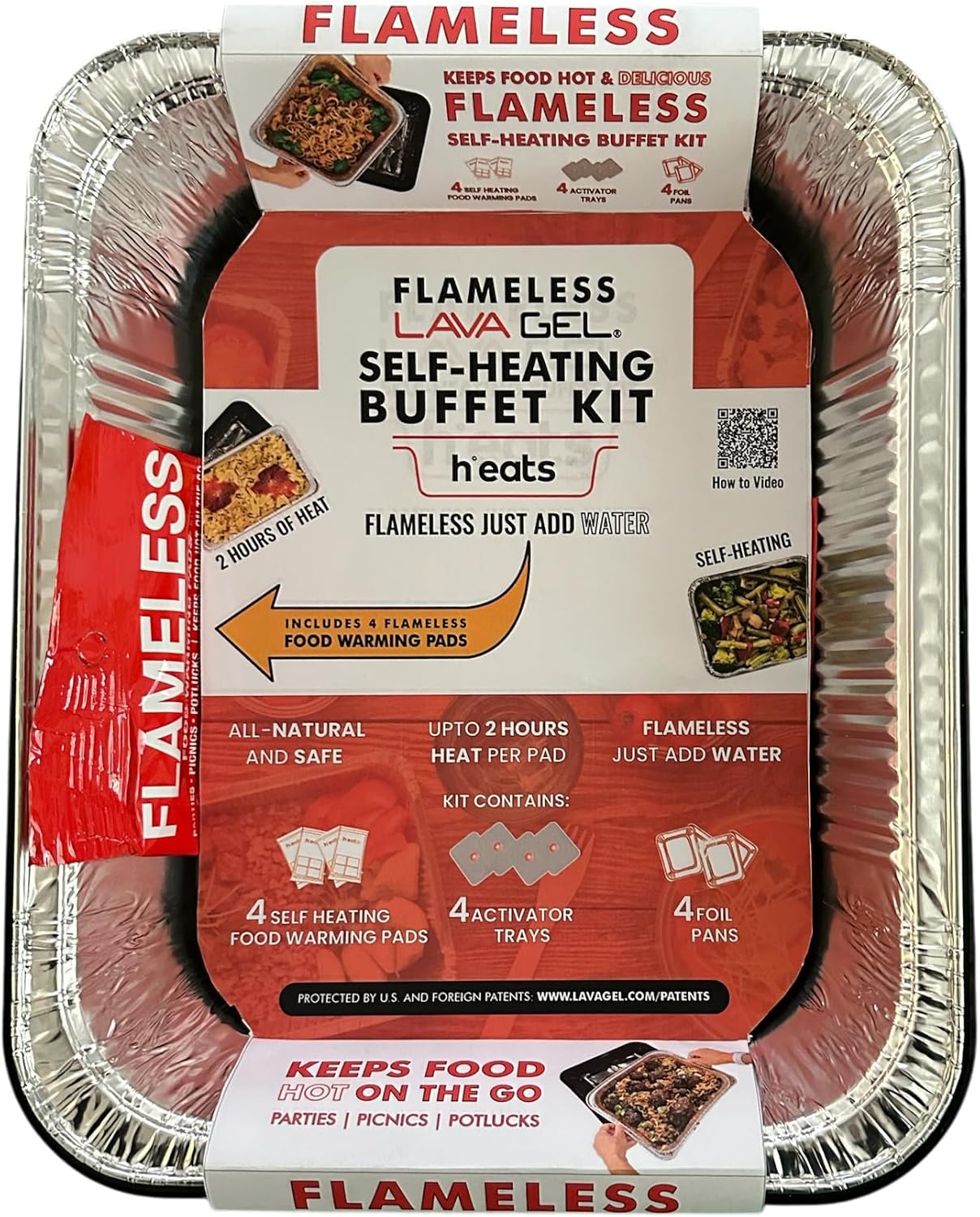 Lava Gel Self-Heating Buffet Kit \u2013 Flameless Food Warmer Set for Parties \u2013 Includes 4 Trays, 4 Half-Size Heat Pads & Foil Pans \u2013 Keeps Hot Food Hot for up to 3 Hours \u2013 Gel Fuel Can Alternative