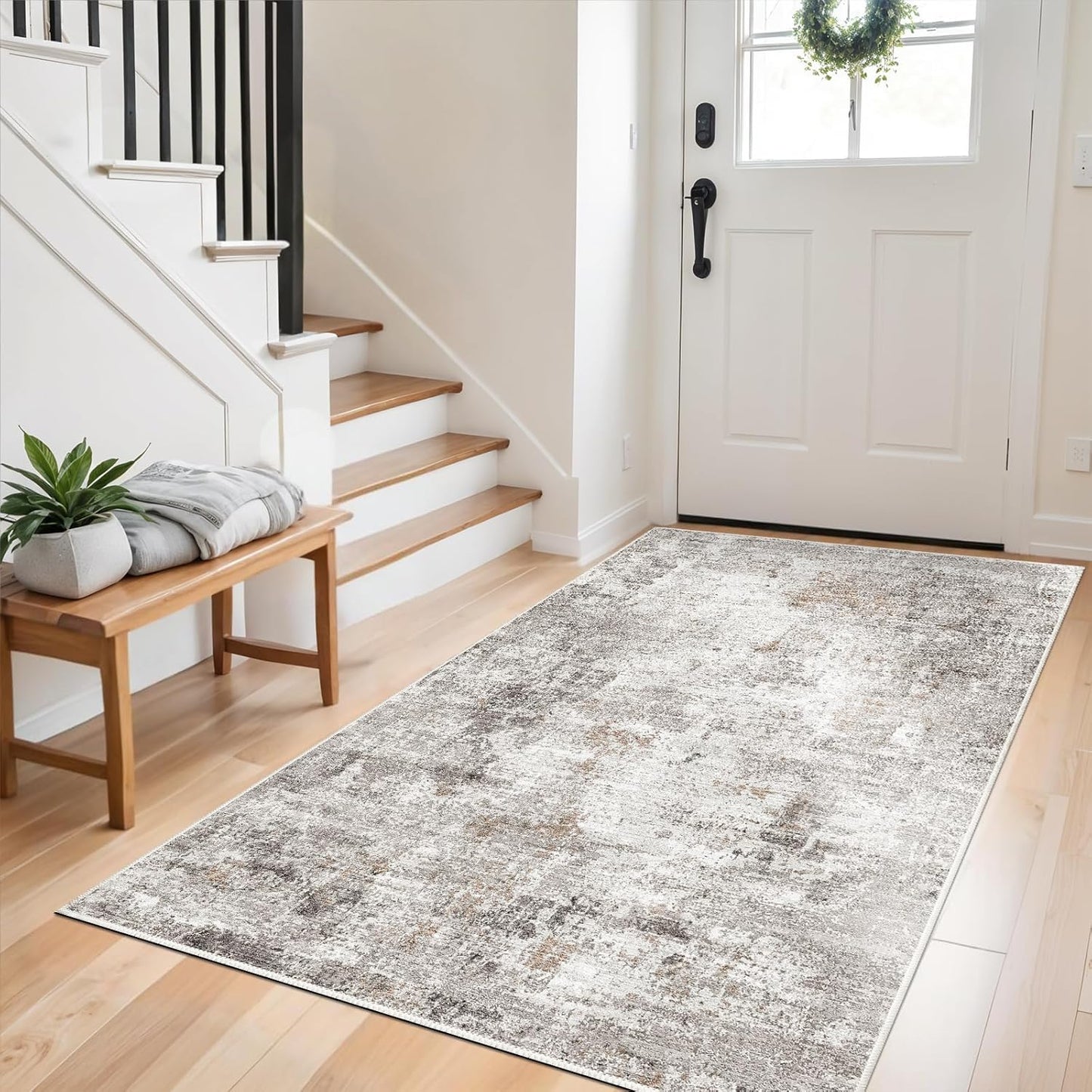 3x6 Washable Non-Slip Kitchen Runner Rug with Rubber Backing Modern Abstract Stain Resistant Floor Carpet Runner for Hallway, Entryway, Bedroom, Living Room - Beige\/Grey\/Brown