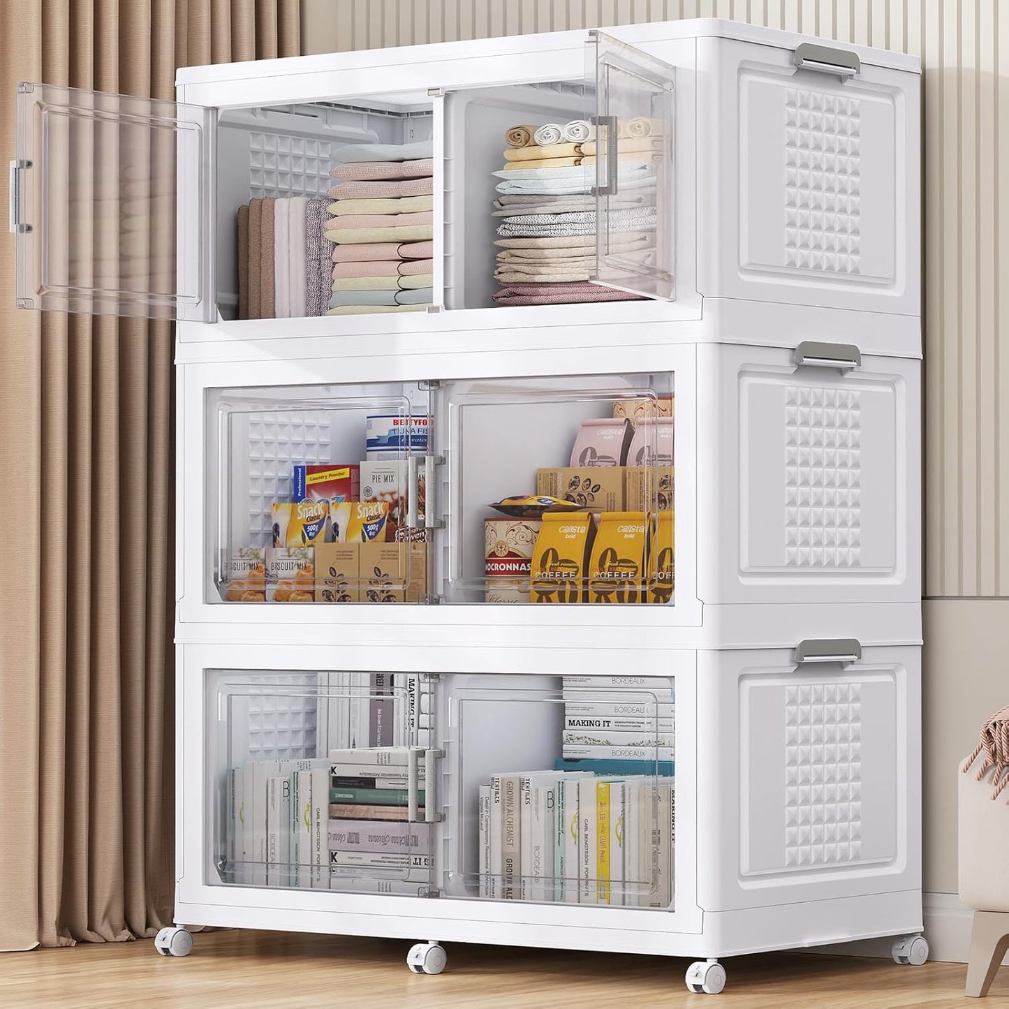 BROVIEW 52.7"H 150Gal Plastic Storage Bins with Lid & Wheels,3Pack Extra Large Stackable Storage Bins with Dividers,Closet Organizers and Storage Cabinet Collapsible Box Shelves for Home Kitchen,White