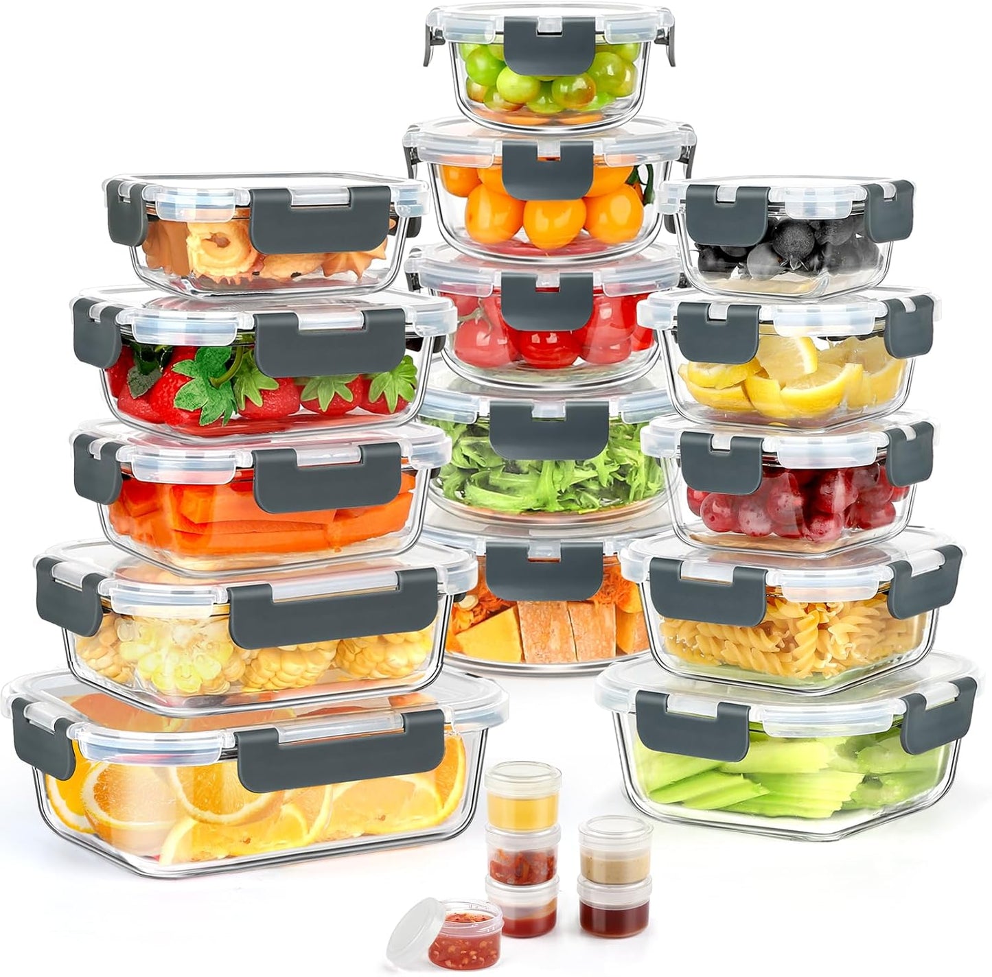 AMALEKO 42pcs Glass Food Storage Containers with Lids Set, 21 Containers & 21 Lids Glass Meal Prep Containers with Snap Locking Lid Set, Leak Proof Lunch Container BPA-Free,Grey