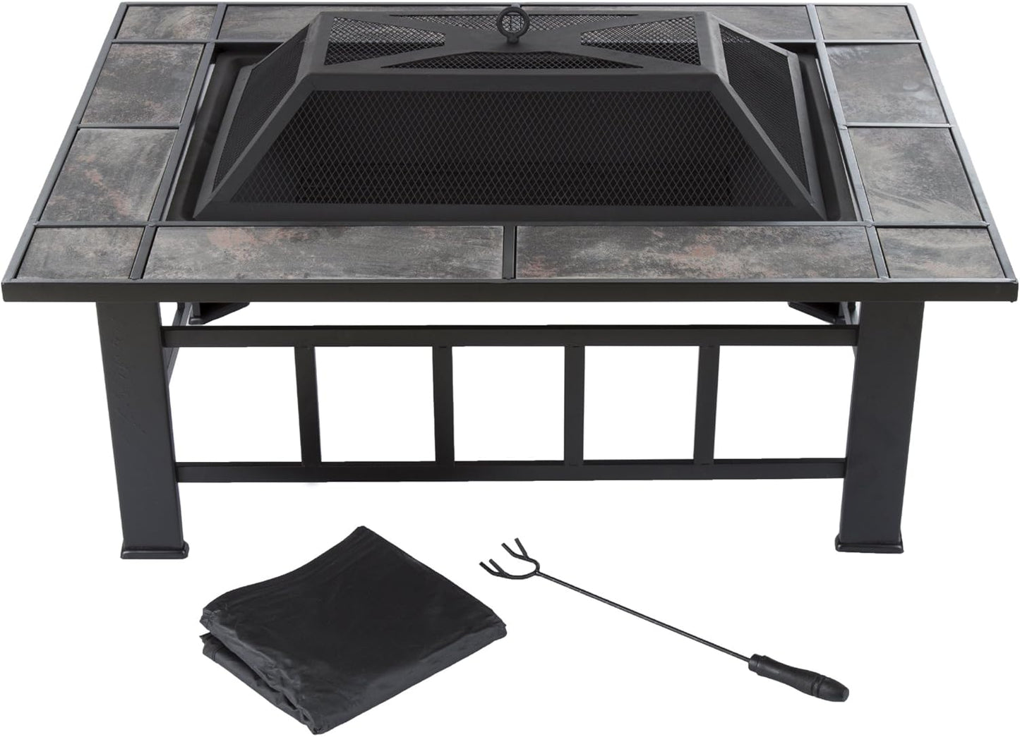 Fire Pit Set, Wood Burning Pit -Includes Screen, Cover and Log Poker- Great for Outdoor and Patio, 37\u201D Marble Tile Rectangular Firepit by Pure Garden