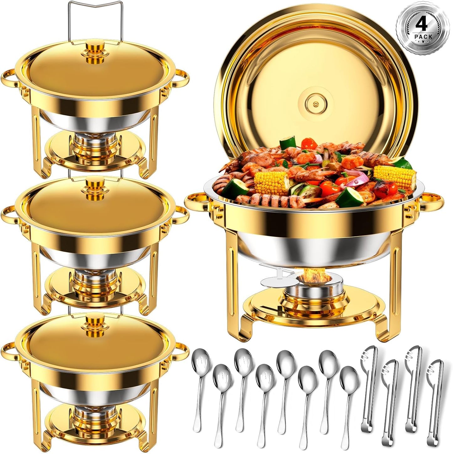 Keyoxy Round Chafing Dishes for Buffet 5 Qt,High Grade Chafing Dish Buffet Set with Stainless Steel Lid & Lid Holder,Full Size Pan,Food Warmers for Parties,Buffet,Wedding, Birthday 4 Pack (Gold)