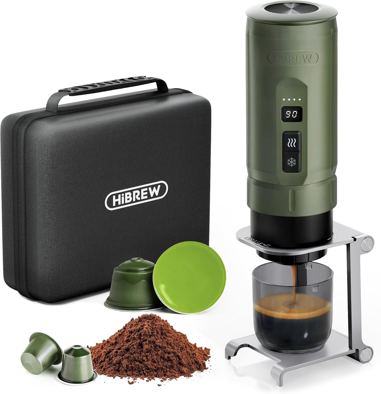 HIBREW H4C Explorer - Portable Electric Espresso Maker, USB-C Rechargeable for Coffee Pods & Ground Coffee, Compact for Home and Travel, with Foldable Holder & Carrying Case