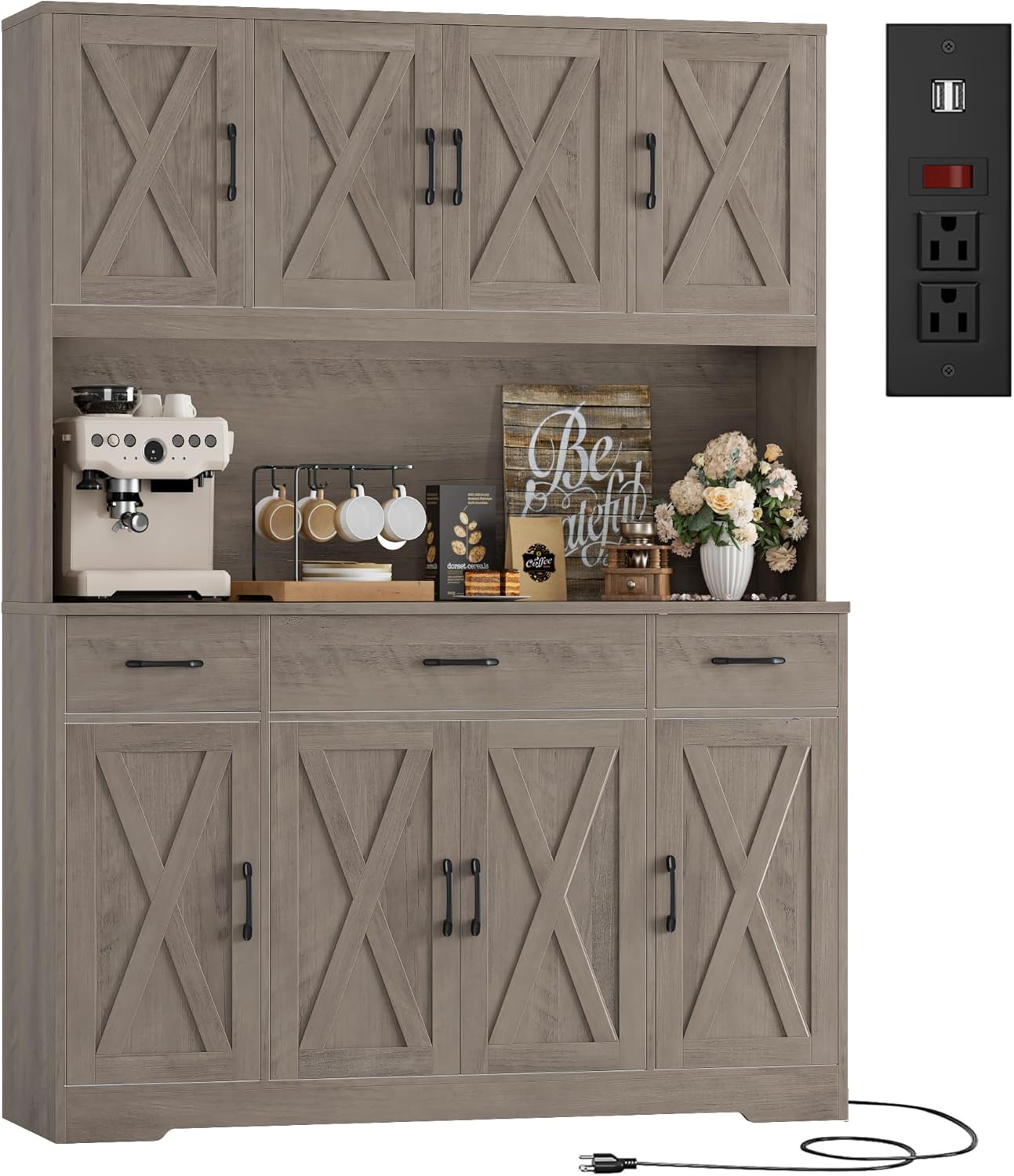 HOSTACK 71" Tall Kitchen Pantry Storage Cabinet with Charging Station, 55" Wide Kitchen Hutch Cabinet with Large Countertop, Farmhouse Food Pantry with Drawers for Living Room, Ash Grey