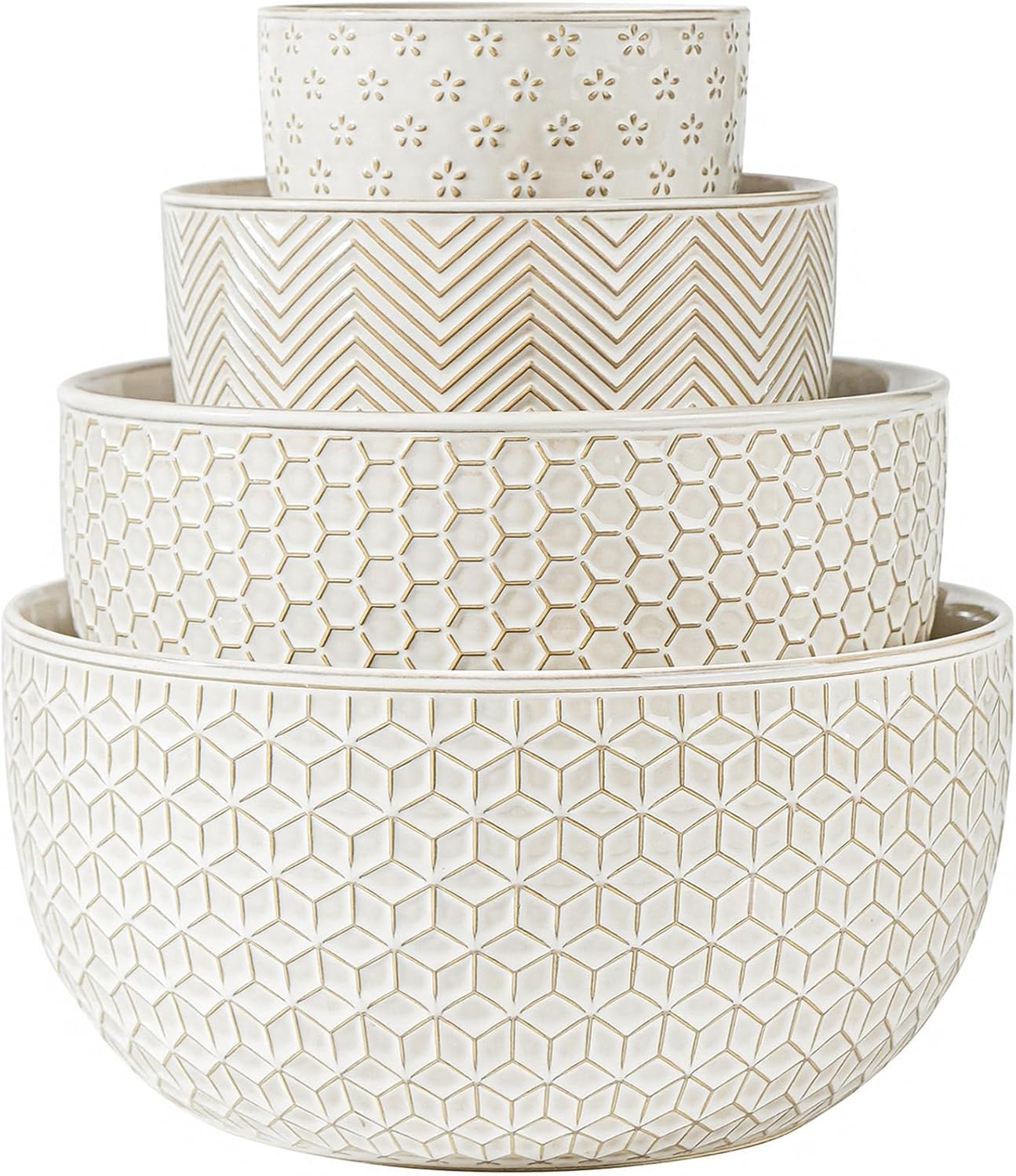 Ceramic Mixing Bowls, Embossed Nesting Bowls, Mixing Bowl Set of 4, Mixing Bowls for Cooking, Baking, Serving, Popcorn, Salad etc, Microwave and Dishwasher Safe, 20/47/99/148 oz, Off-White