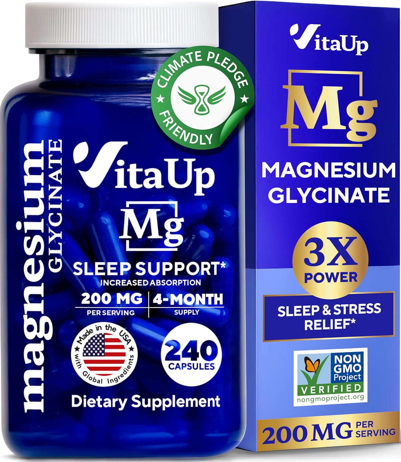 VitaUp Magnesium Glycinate 200mg - USA Made Magnesium Supplement for Sleep, Heart, Bones, Metabolism Support - High Absorption Magnesium Bisglycinate Capsules - 240 Vegan Chelated Capsules