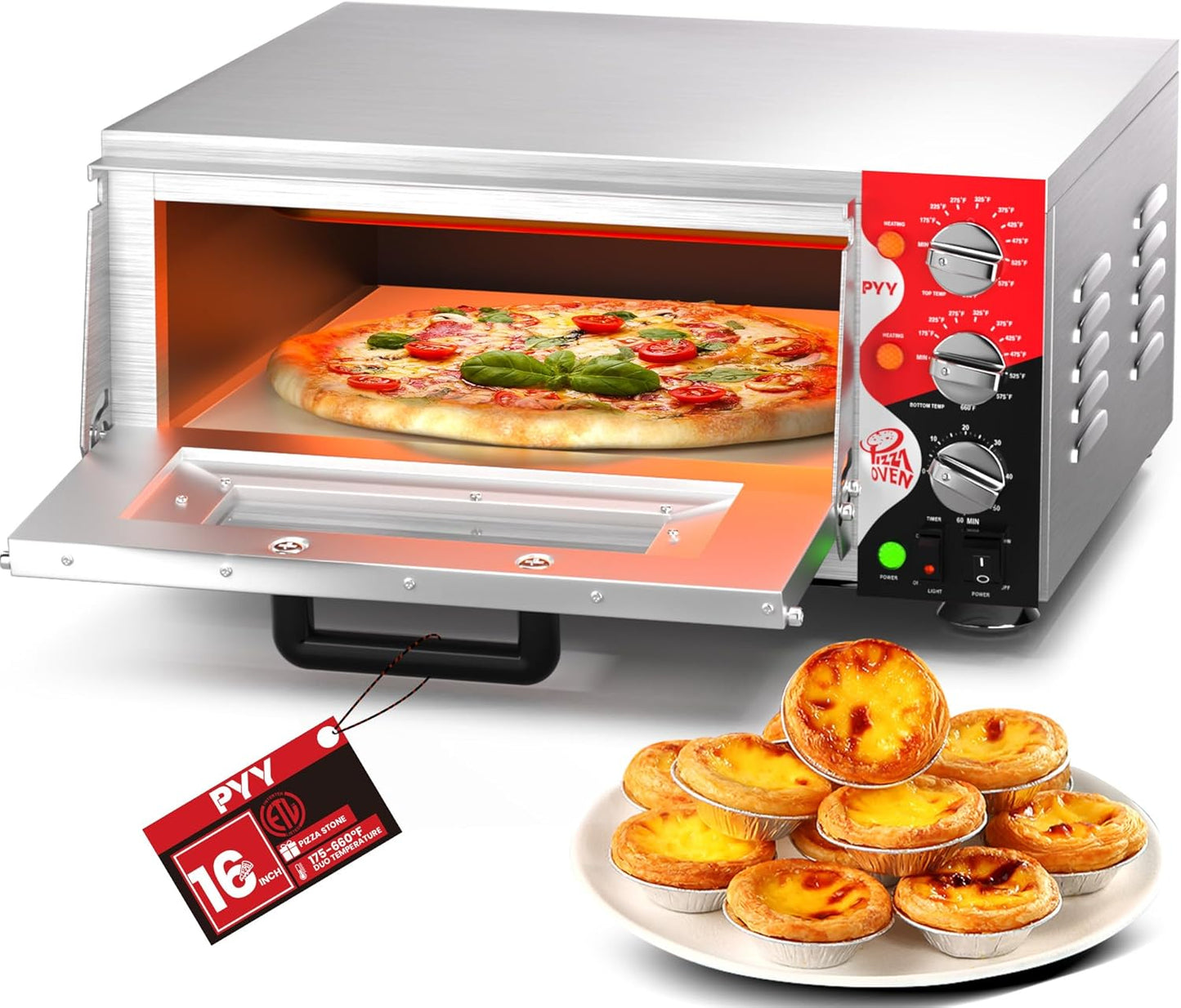 PYY Electric Pizza Oven with Pizza Stone for Restaurant Home, 16 Inch Countertop Pizza Oven with 60-min Ring Timer, Commercial Pizza Oven with 2 Large Heat Tube, 120V\/1600W, ETL listed